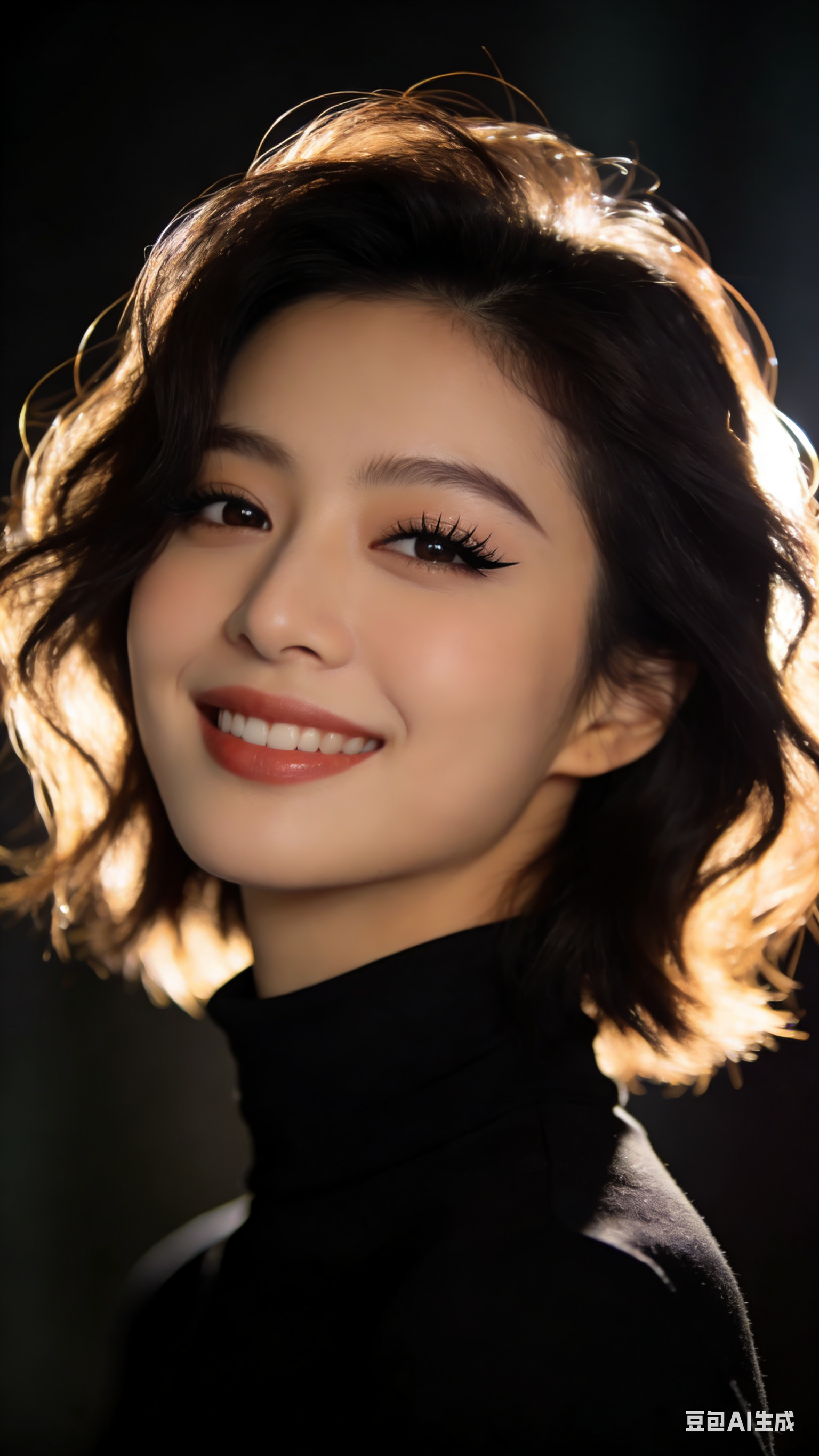 运用极简主义的视觉风格,展现一位人见人爱的女子。她身着黑色高领衣服,短发飘逸微卷,有着绝美的容颜,一笑便百媚生,精致的眼线和睫毛为她增添了魅力。人物特写的画面中,发丝散发着柔和的光芒,深色的朦胧背景将她衬托得更加突出。画面以8k超高清分辨…