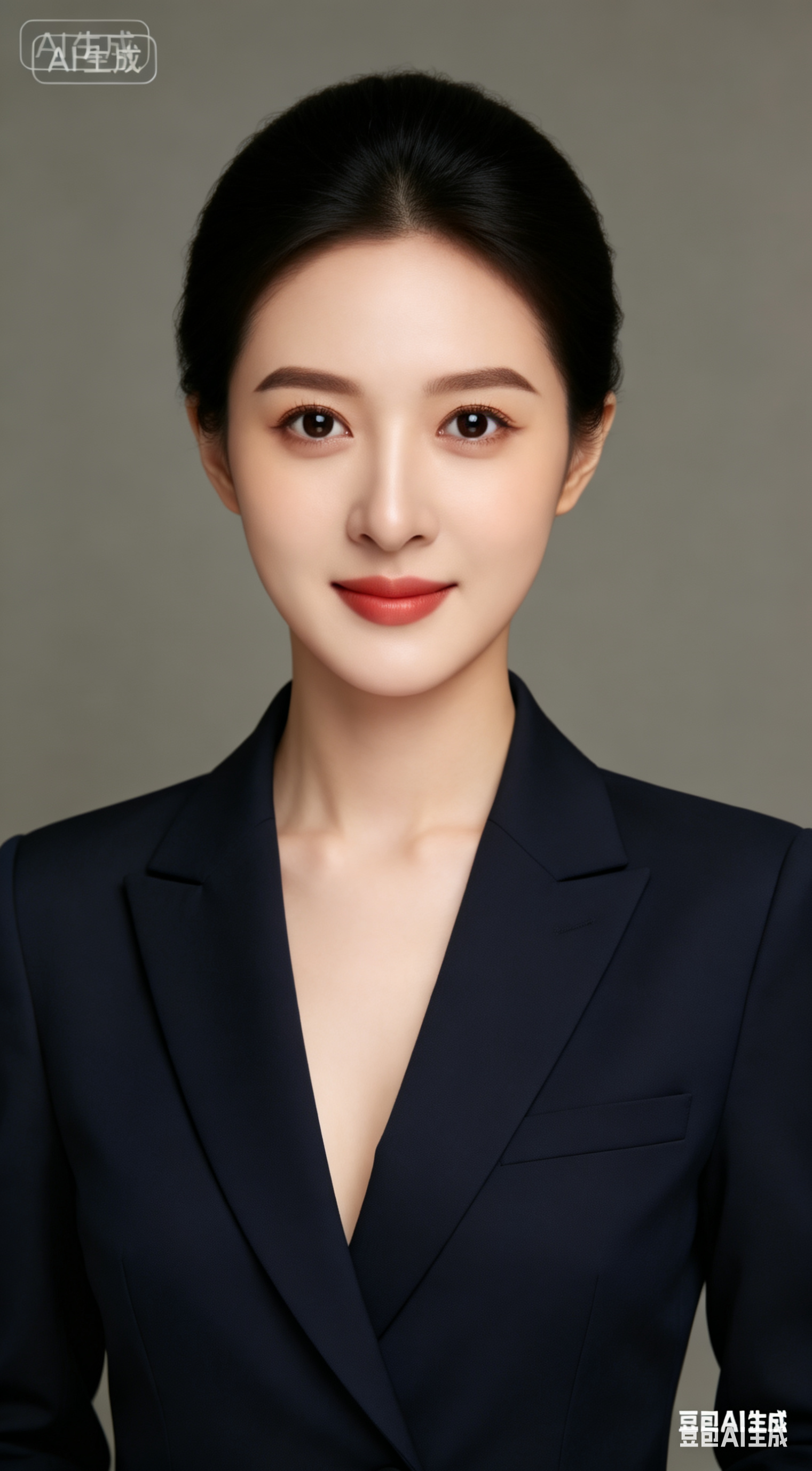 帮我生成图片:真实照片质感,一身笔挺稳重的深色系商务装,头发梳理得整齐,年轻,英俊,尊贵,目光锐利。女性,高级。原比例。
