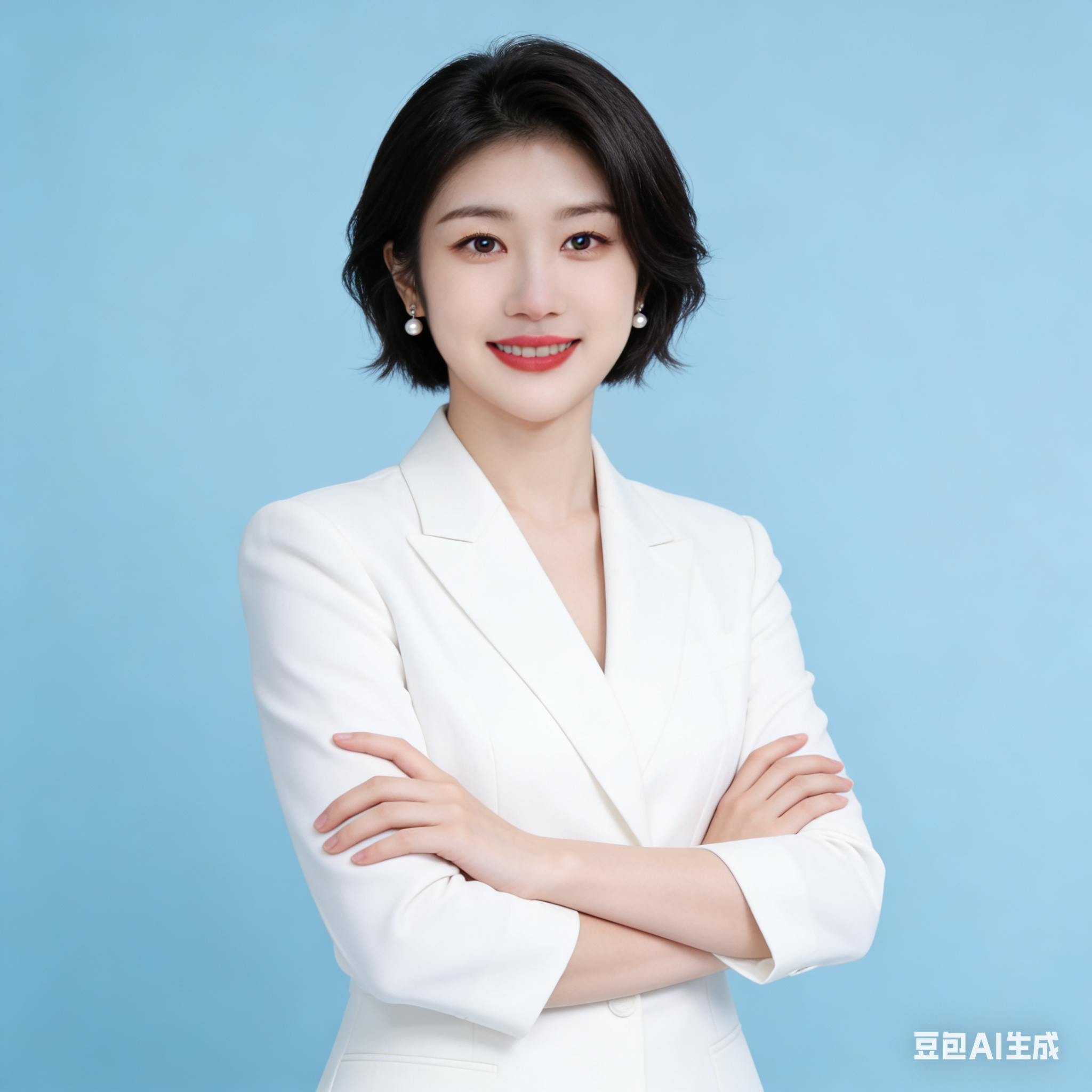 帮我生成图片:帮我生成图片:将人物转换为干练职场商务风写真,保持人物面部和身份完全一致。服装为纯白职业装,设计简约大方;妆容精致清透,眉形温婉清晰,眼妆干净有神,搭配显气色的红棕色口红,笑容甜美且充满亲和力;发型为有气质显年轻的短烫发,偏…