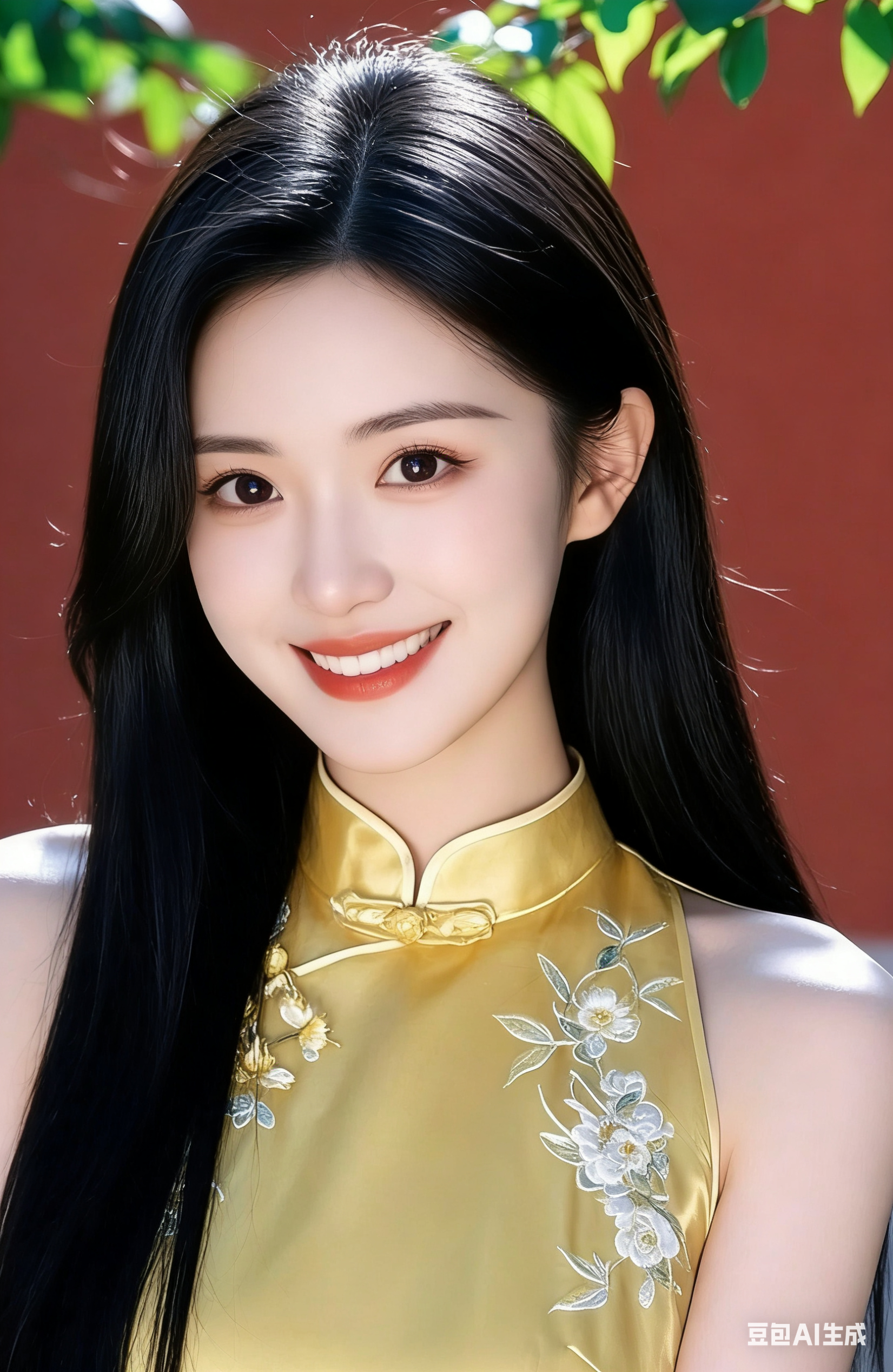 帮我生成图片:金缕旗袍映朱墙,笑靥明媚胜春光。 青丝垂落,温婉藏于眉眼间, 一颦一笑皆是东方独有的雅致与风情。原比例。