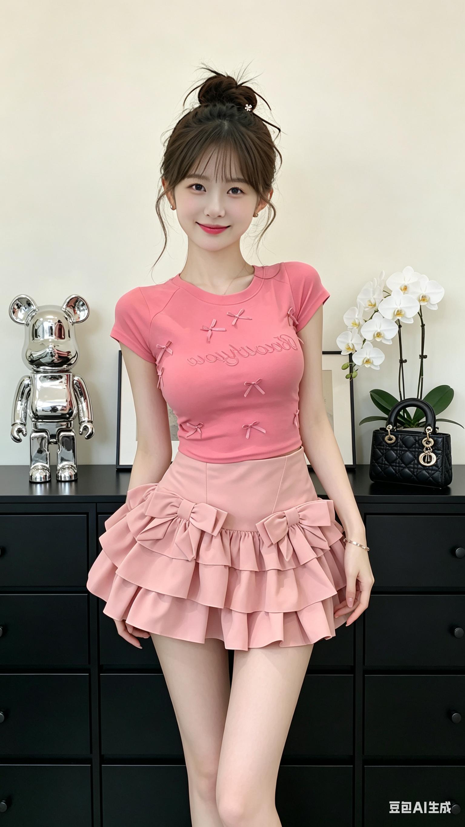 将第一张图片的人物换上第二张图片的服装,置于以米白色墙面为基底,搭配一款黑色哑光多格抽屉柜作为核心家具的场景中,柜体左侧放置银色电镀暴力熊摆件,右侧放置白色蝴蝶兰花艺和一只黑色菱格纹手提包,柜体上点缀一幅简约画框,生成一位20岁左右,身高…