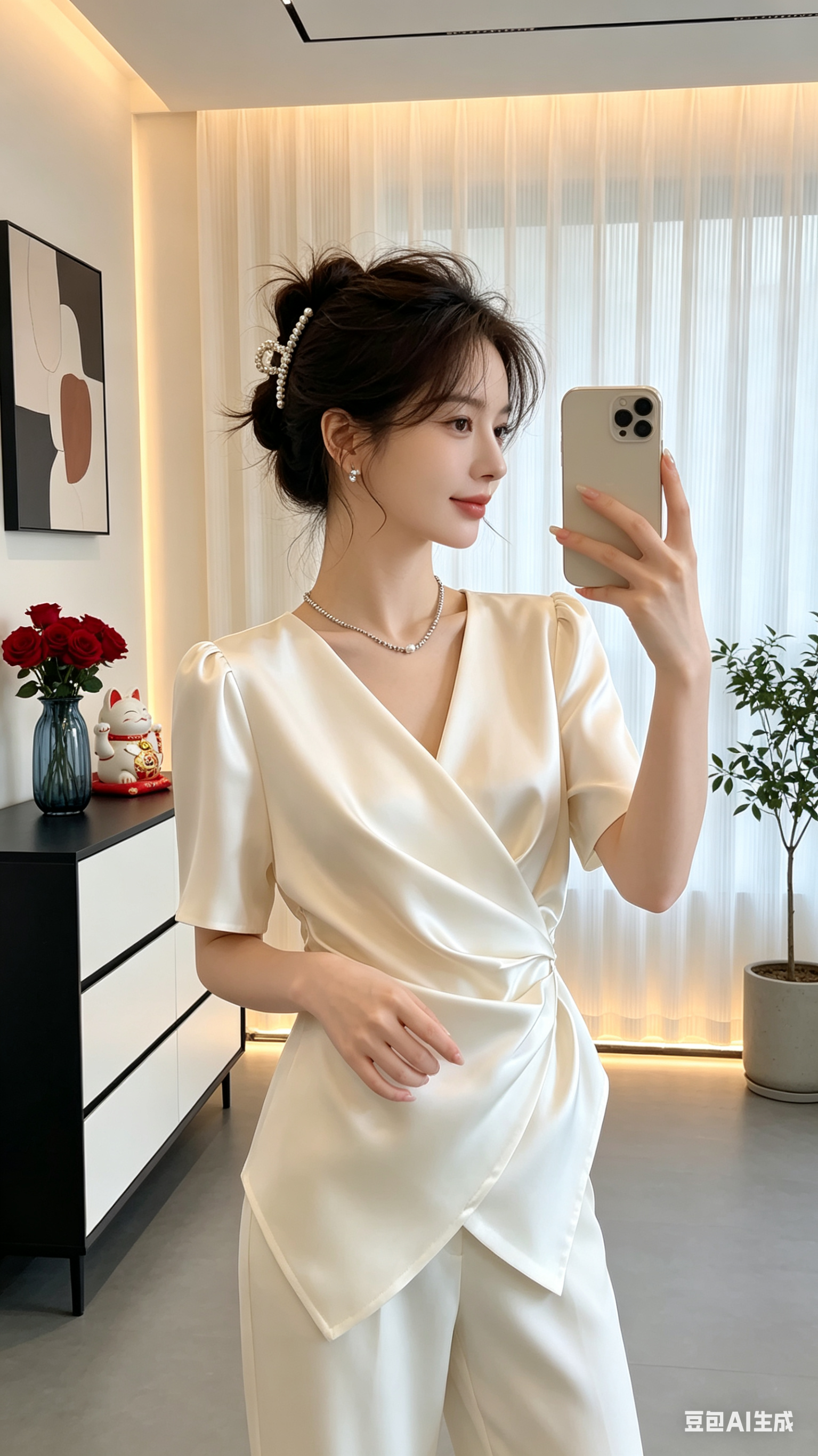 将图中的衣服穿在一位20-25岁精致东方女性身上,她有着精致凌乱温柔千金盘发,佩戴轻奢珍珠水钻发夹,碎发自然修饰脸型,皮肤白皙透亮,气质甜美温柔,佩戴小巧精致的银耳环,五官精致立体。衣服细节完整保留,百分之百一样,搭配合适的裤子。该女性左…