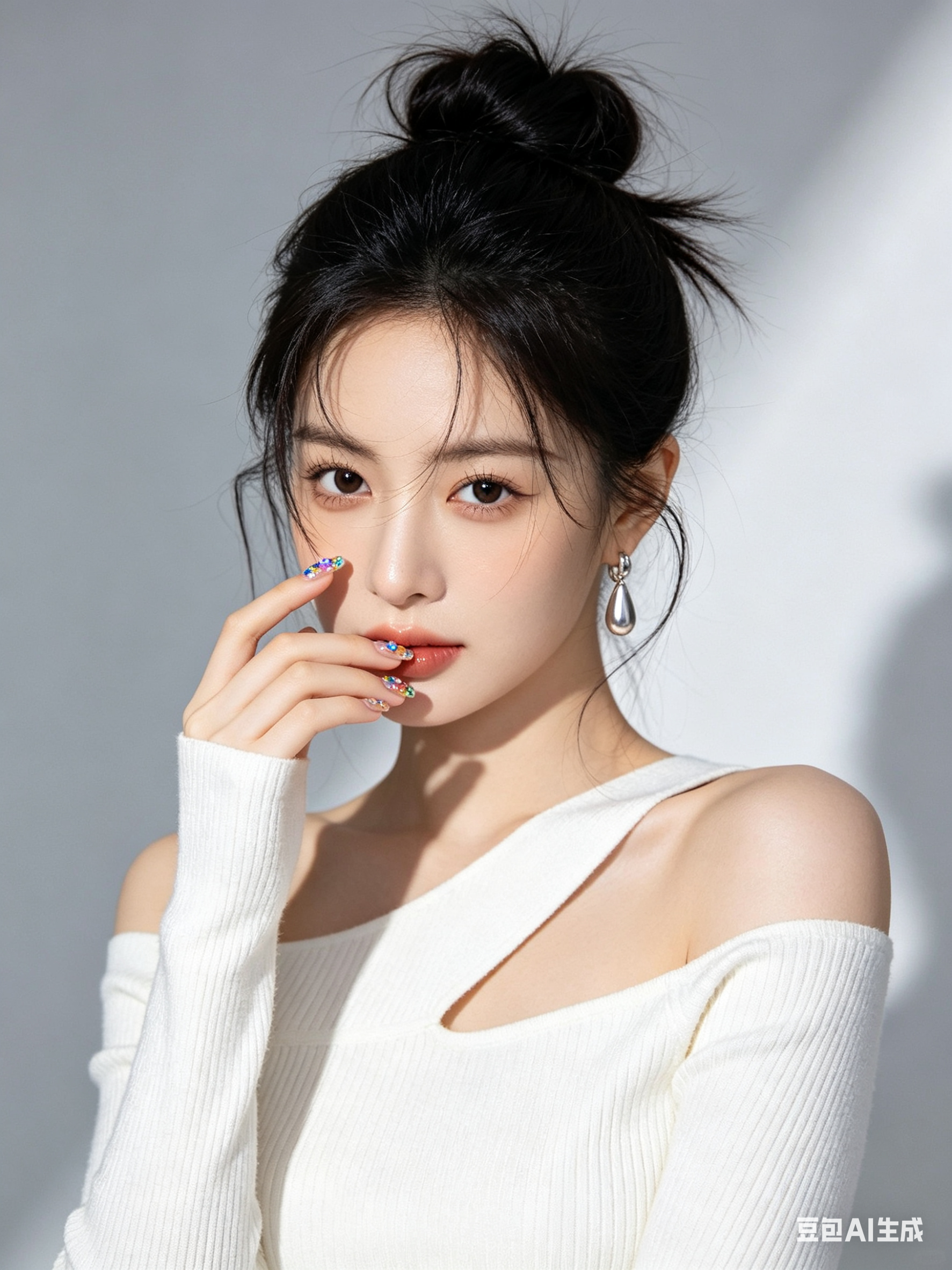 画面中是一位20-26岁的年轻女性,黑色长发高束成蓬松的丸子头,几缕碎发自然垂落脸颊旁,她身着白色露肩设计的长袖针织衫,单肩带设计且领口有独特镂空剪裁,衣服质感柔软贴身。她佩戴着银色水滴形耳坠,右手无名指有着彩色带闪钻的精致美甲,右手抬起…