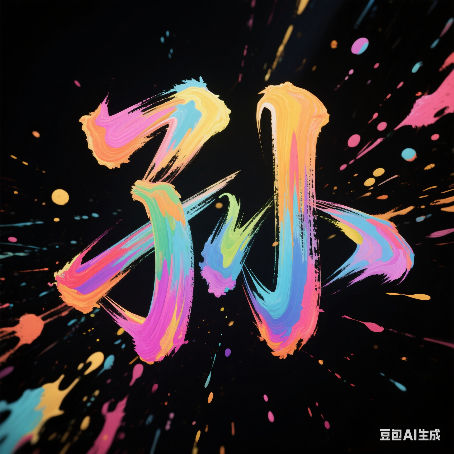 设计字体：“孙”，以手写笔刷五颜六色炫彩风格呈现，笔触参考飞白书法手写体字体风格，笔画似泼墨般肆意洒脱，微立体感，色彩斑斓丰富且相互交融碰撞，文字周围伴有灵动飞溅的墨点，整体画面充满艺术张力与活力，黑色背景
