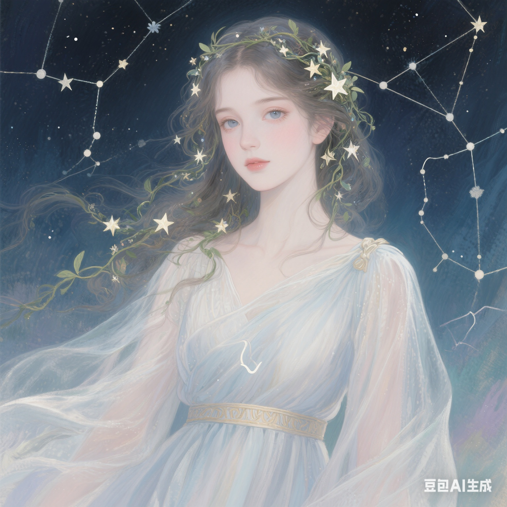 处女座主题女孩头像，发丝中缀满星星与藤蔓，穿希腊风薄纱长裙，背景为夜空星座图谱，眼神清澈理性，神秘高贵