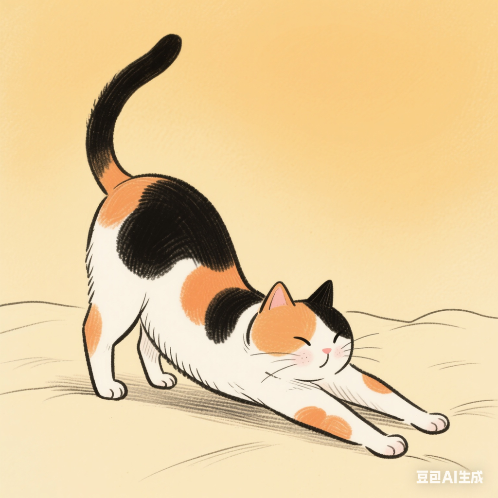 三花猫伸懒腰线稿，暖黄渐变背景
