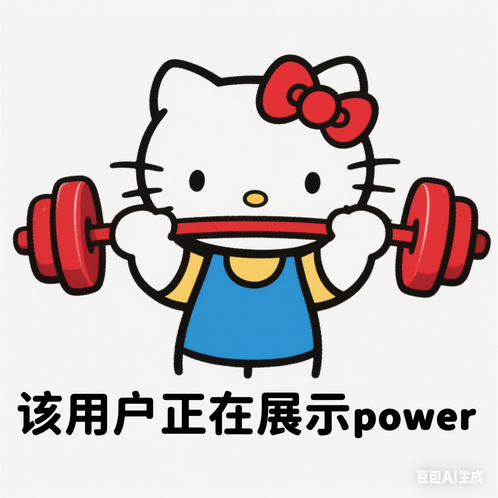 Hello Kitty形象，头上标志性的红色蝴蝶结鲜艳醒目，穿着蓝色上衣，手上拿着红色杠铃，下方配有文字“该用户正在展示power” ，俏皮、炫酷，手绘插画，干净的白色背景