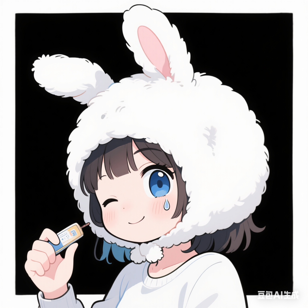 日系萌系二维插画风。女孩戴白色毛绒兔耳帽，蓝眼睛，单眼眨眼，手持物品，眼角带泪，表情搞怪。线条流畅，色彩对比鲜明，风格可爱有趣，当头像展现出鬼马精灵的个性 。