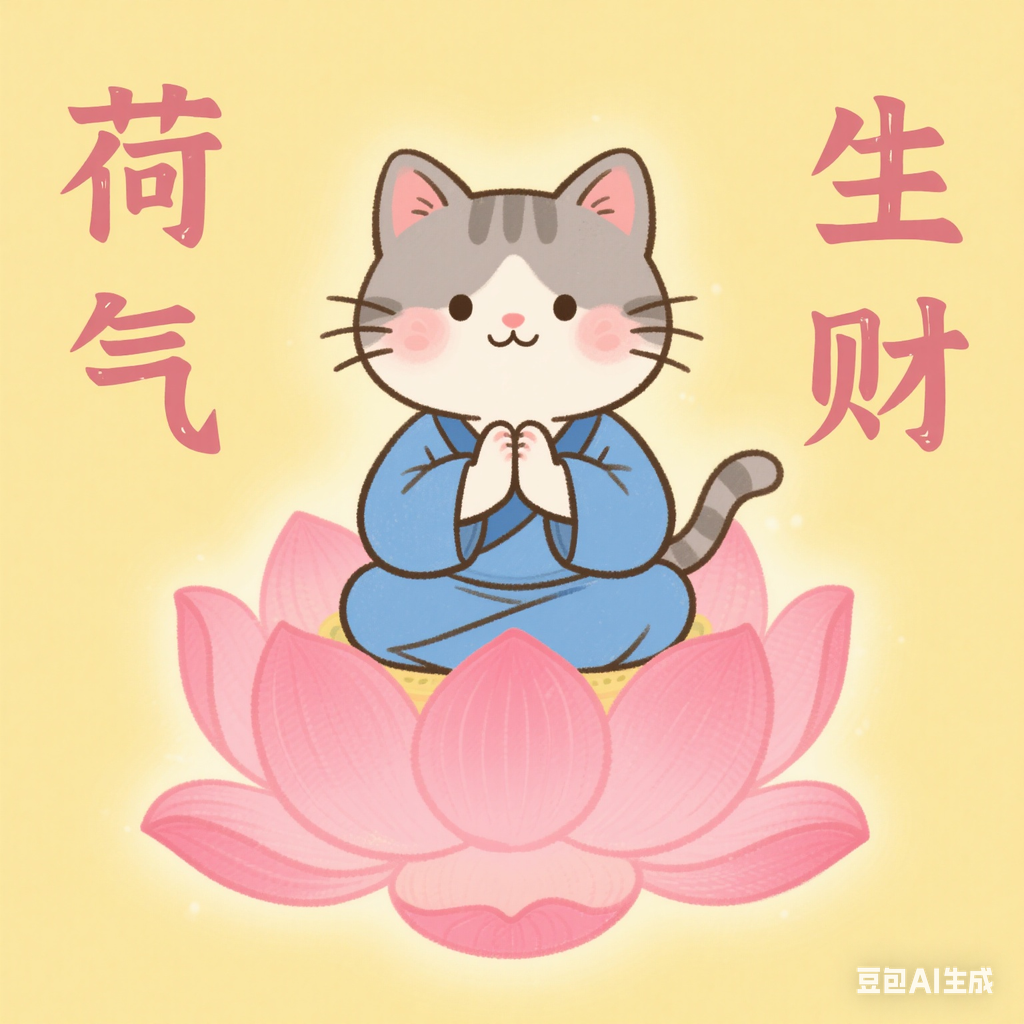 一只卡通小猫，穿着蓝色衣服，双手合十置于身前，神态乖巧。盘坐在一朵粉红色的莲花上，莲花造型饱满。小猫周围散发黄色光芒，左右两侧分别写着“荷气”“生财” ，纯色浅黄色背景，插画风格