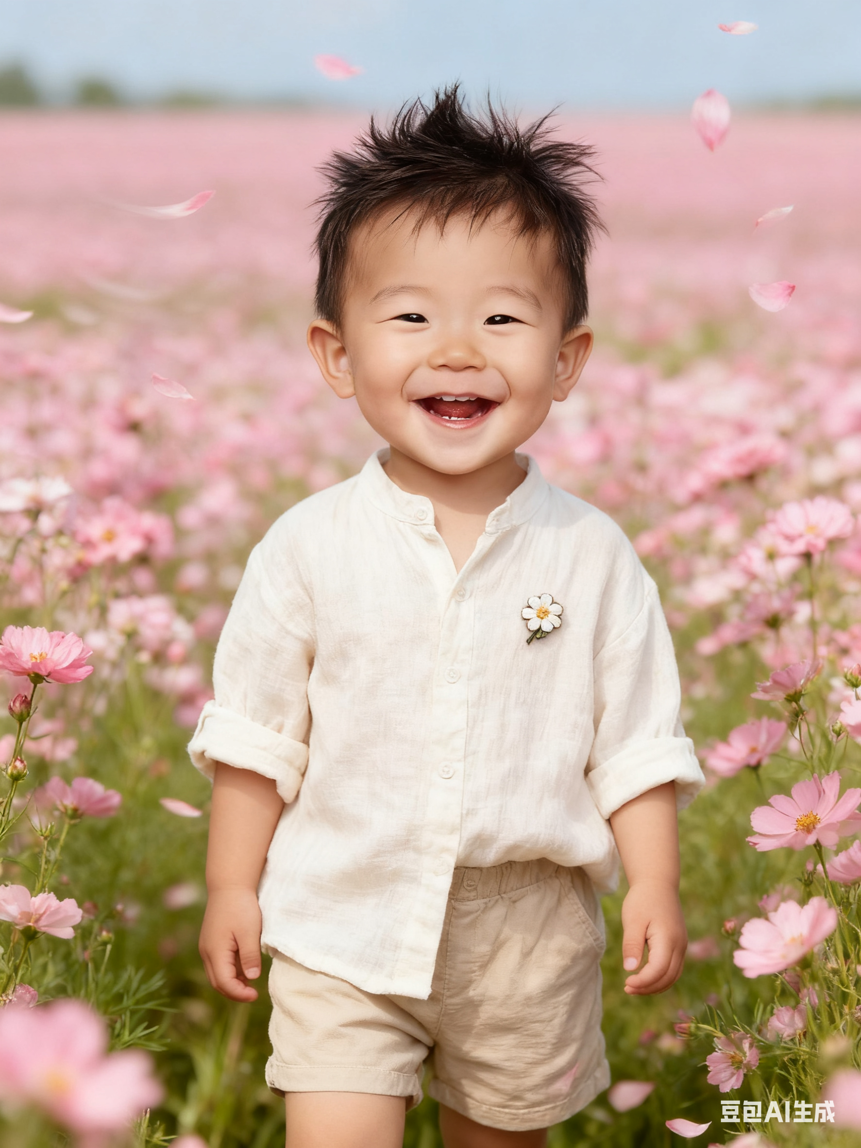将背景替换为盛开的粉色花田，微风吹拂花瓣飘落；人物服装换成米白色棉麻衬衫、浅卡其色短裤，胸前别一枚小花徽章，人物主体和五官保持不变。