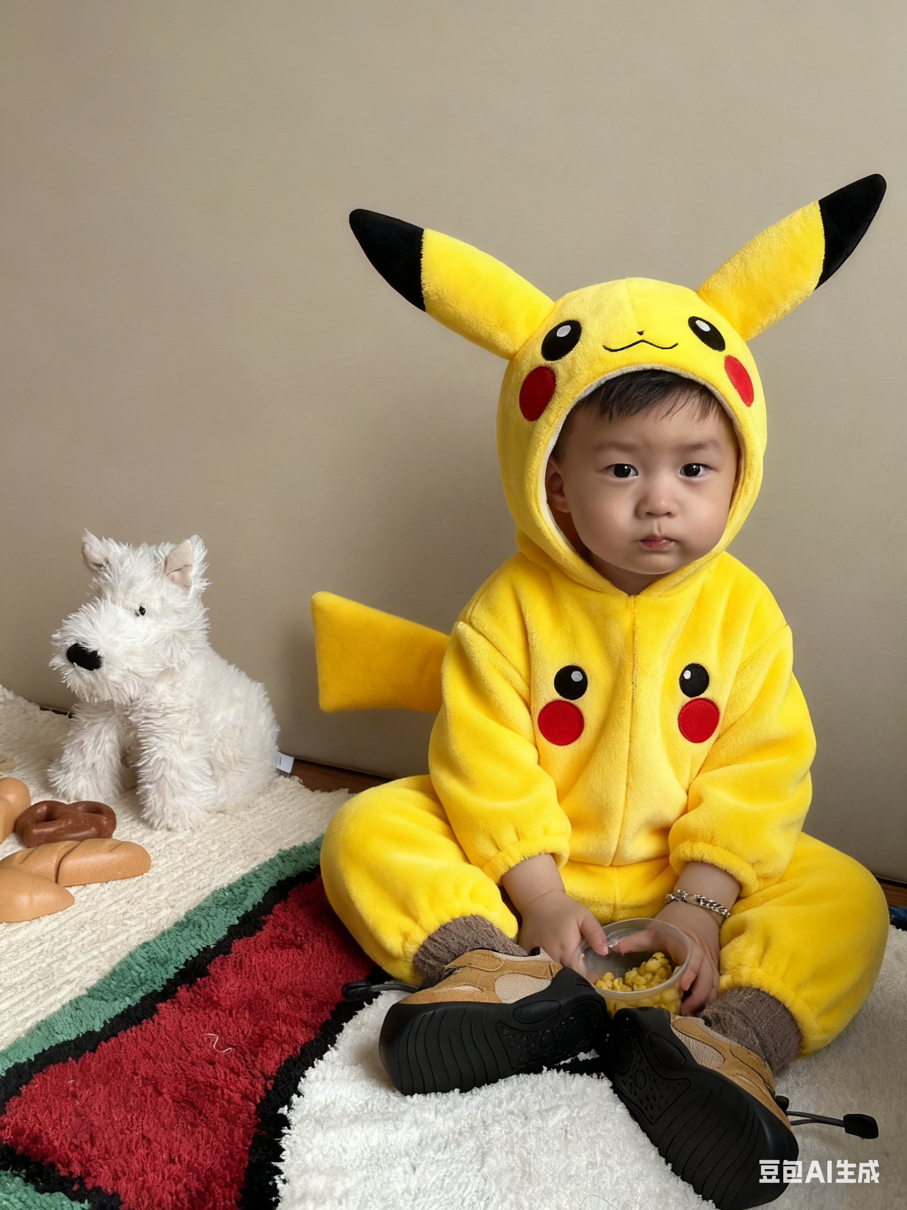 衣服换成黄色皮卡丘玩偶服,带耳朵和尾巴,前胸有红色腮红图案,宽松版型。