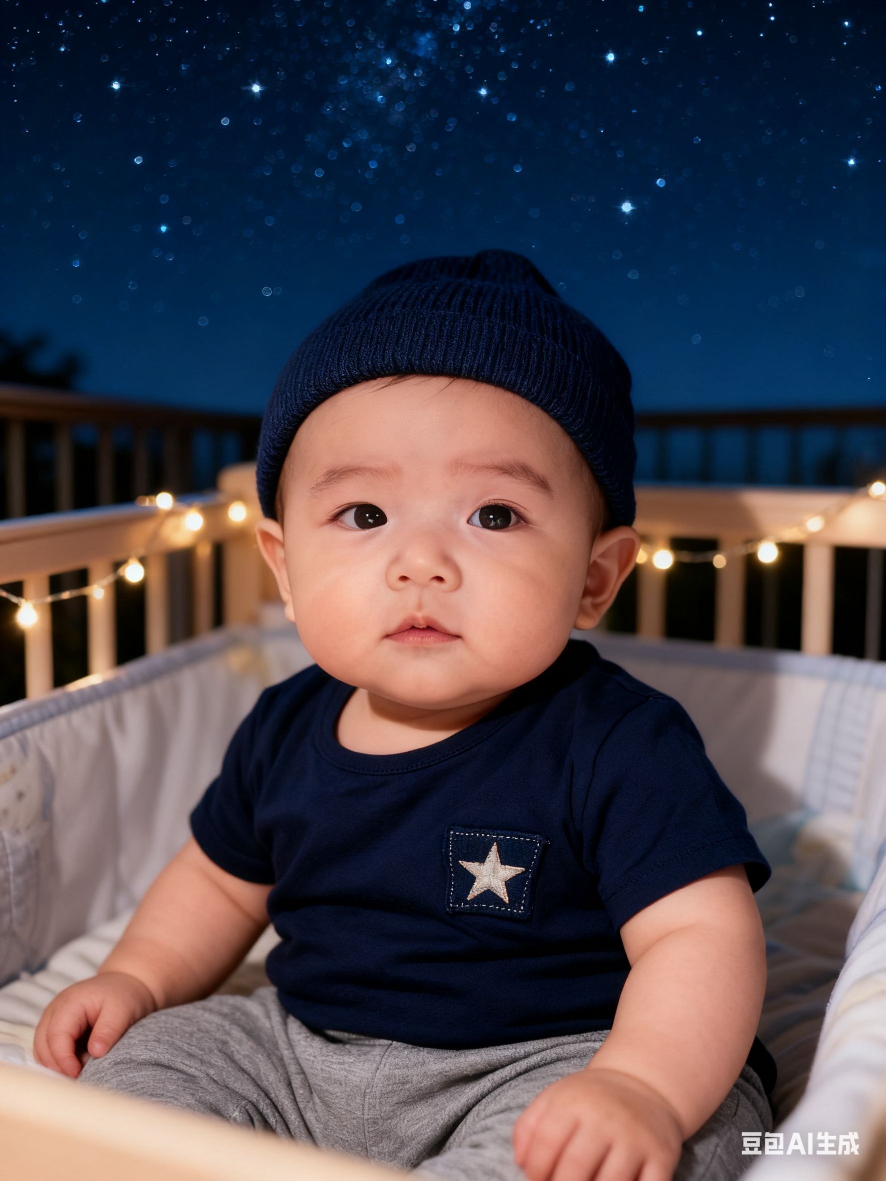 将背景替换为夜晚露台，头顶星空点点，有小灯串环绕；人物服装换成深蓝色短袖、灰色长裤，胸口有小星星贴布，戴藏蓝色针织帽，人物主体和五官保持不变。
