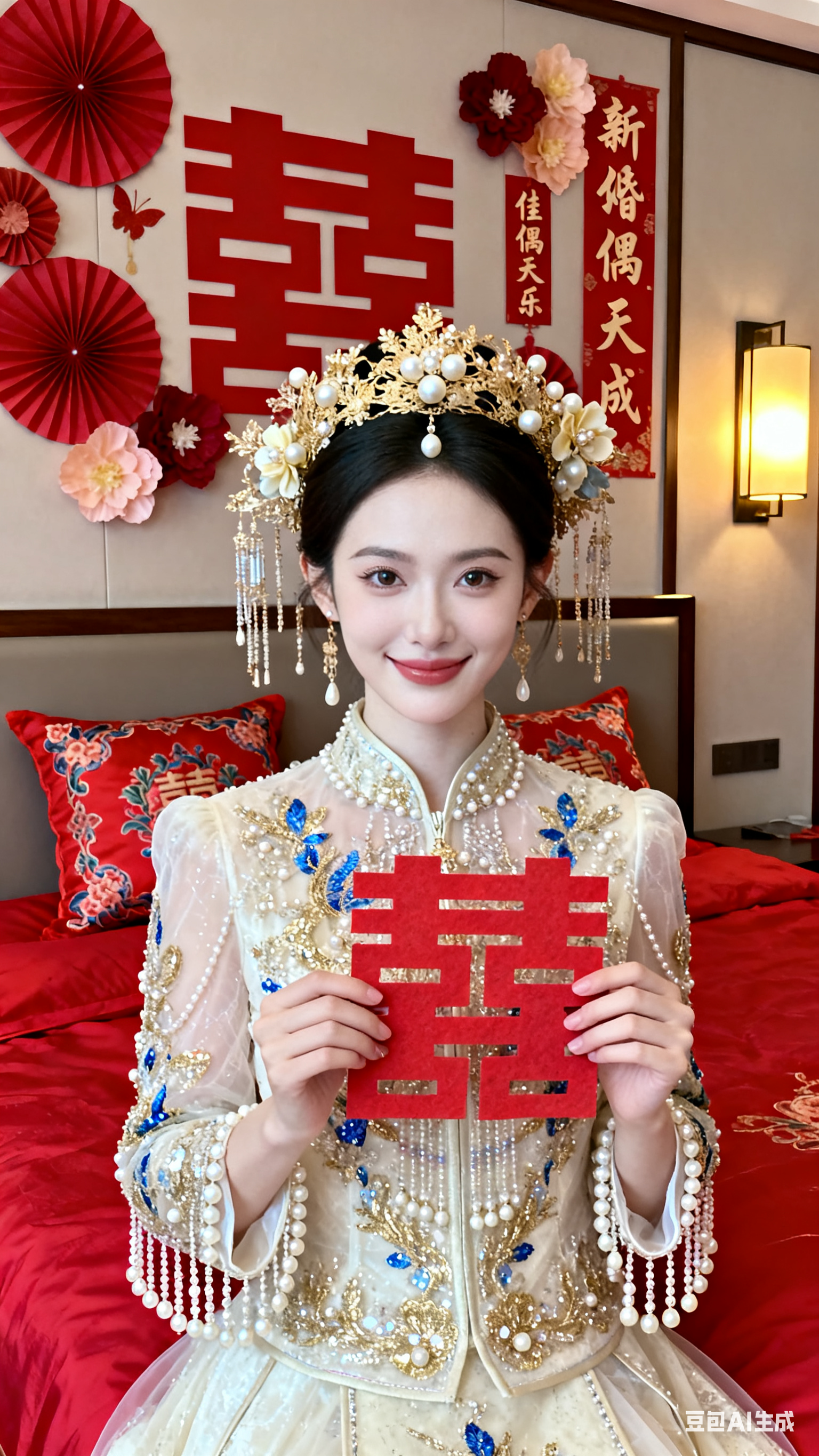 图片风格为写真,写实写真风格下,展现出一位妆容精致、冷白皮、面带微笑的东亚新娘的近景上半身特写。新娘头上戴着华丽的金色头饰,饰有珍珠、花朵与流苏,身上穿着米白色薄款秀禾服,衣服绣有金色、蓝色花纹,缀满珍珠与亮片,袖口还有珍珠流苏,双手持着…