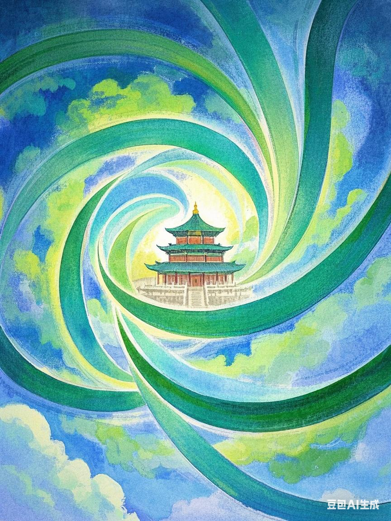 水彩画,盘旋的翡翠丝带从中心盘旋状交织,中心展示出一座典雅的韩式宫殿,松软的边缘线,轻柔的亮光,空幻,幻想曲,铅笔,明艳的Monet艺术。
