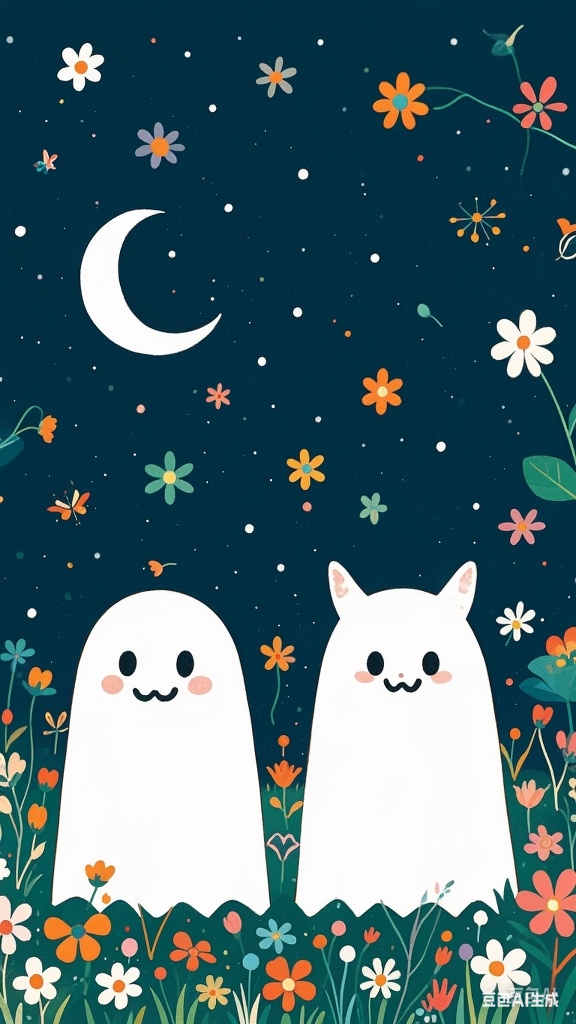 插画,一对可爱的白色鬼怪,突出主体,夜晚,有春天的气息,花草,星空,星光环绕,超细节,插画风格。