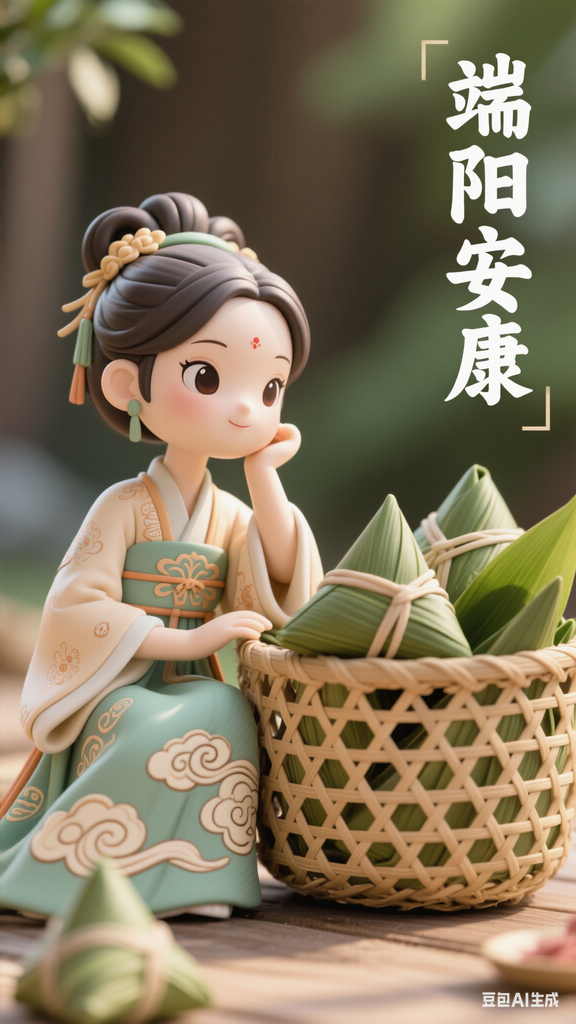 传统节日粽子娘3D黏土玩偶托腮造型,身着改良汉服搭配祥云纹样,坐在摆满粽叶的藤编篮筐旁,标题"端阳安康",黏土手办产品展示图,侧45度视角,自然光拍摄,手工质感保留,节日礼品包装设计风。
