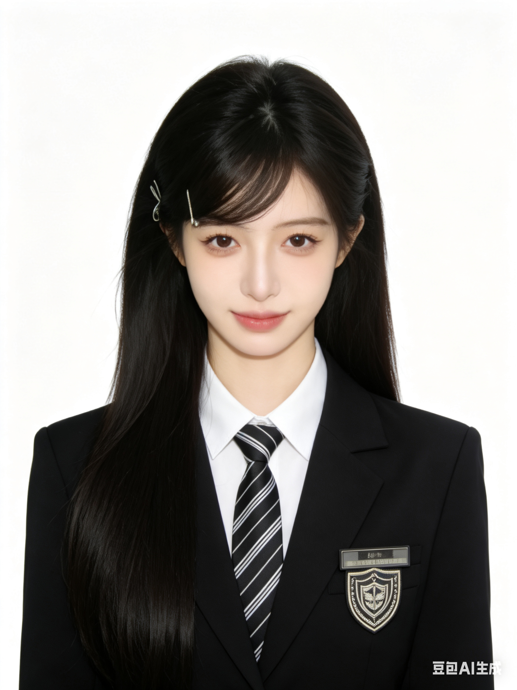 帮我生成图片:帮我生成图片:将原图主体改为身着校服的女生,柔顺黑色长发,浅浅色调皮肤,合身黑色西装外套,内搭整洁白色衬衫,脖子系黑白条纹领带,胸前别盾牌设计校徽名牌,背景改为纯净白色,采用超现实主义视觉风格韩式证件照,光影处理细腻,营造正…