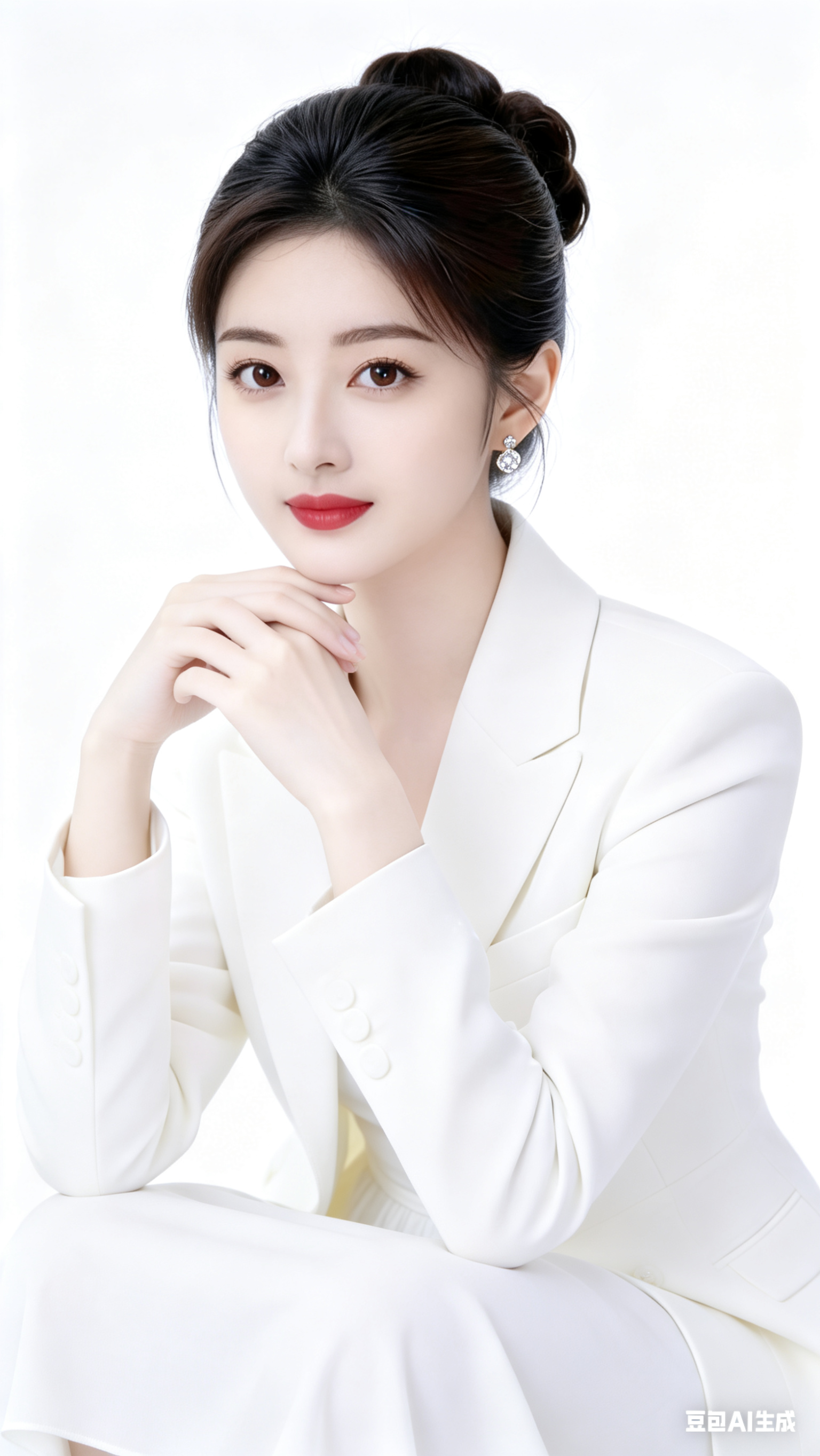 气质美女,白色西装外套,白色内搭连衣裙,丸子头,银色钻石耳饰,白色背景,高级感,写真风,高清,将第一张图的脸替换为第二张图的脸,原比例
