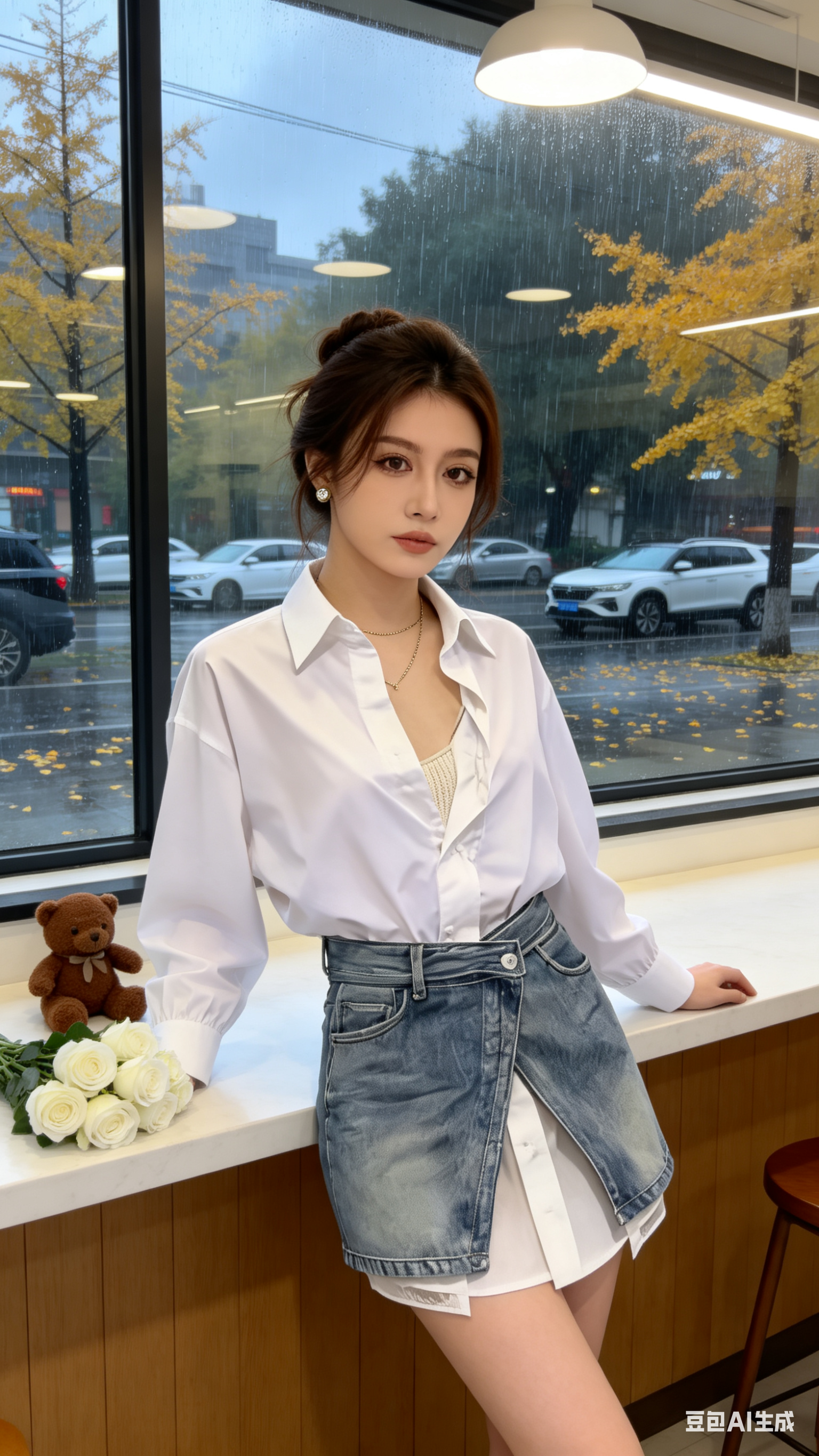 人物使用第2张图的脸,服装使用第1张图的白衬衫牛仔短裙套装,25岁美女,法式慵懒盘发带部分碎发,皮肤白皙,大眼睛,佩戴小针织耳环和金属细项链,在咖啡店内,靠在吧台上看向镜头,吧台上有小熊摆件和白色玫瑰花束,大窗户映出雨天街景、零星黄叶树木…