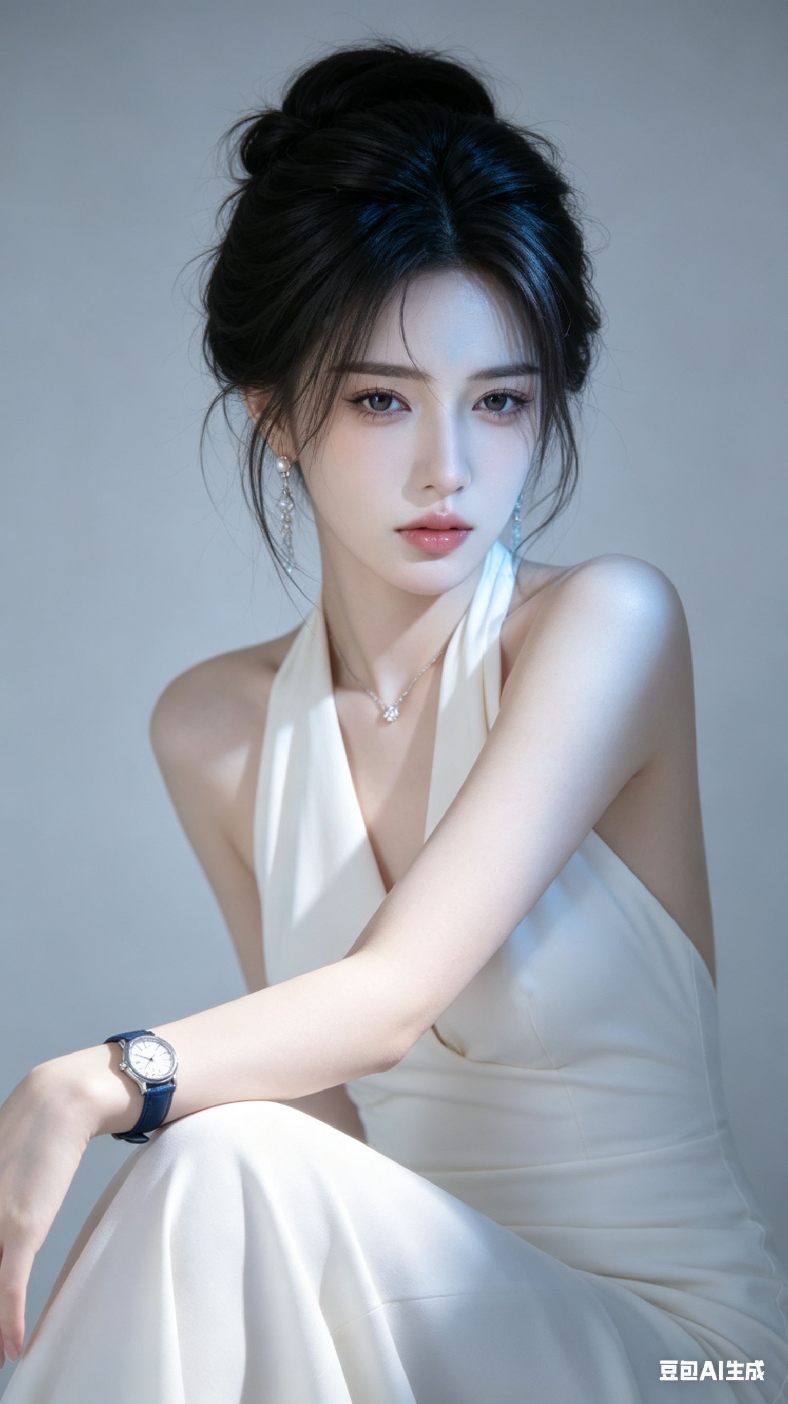 东亚年轻女,葫芦形S身材,鹅蛋脸+温柔杏眼,妆容清透(淡粉唇妆),黑色头发低盘成蓬松发髻(碎发修饰脸颊)- 姿态:侧卧,侧身45度,左臂搭右膝、肩颈线条舒展 构图与镜头- 构图:半身中景,加阴影变化,- 镜头:50mm标准镜头,轻微浅景深…