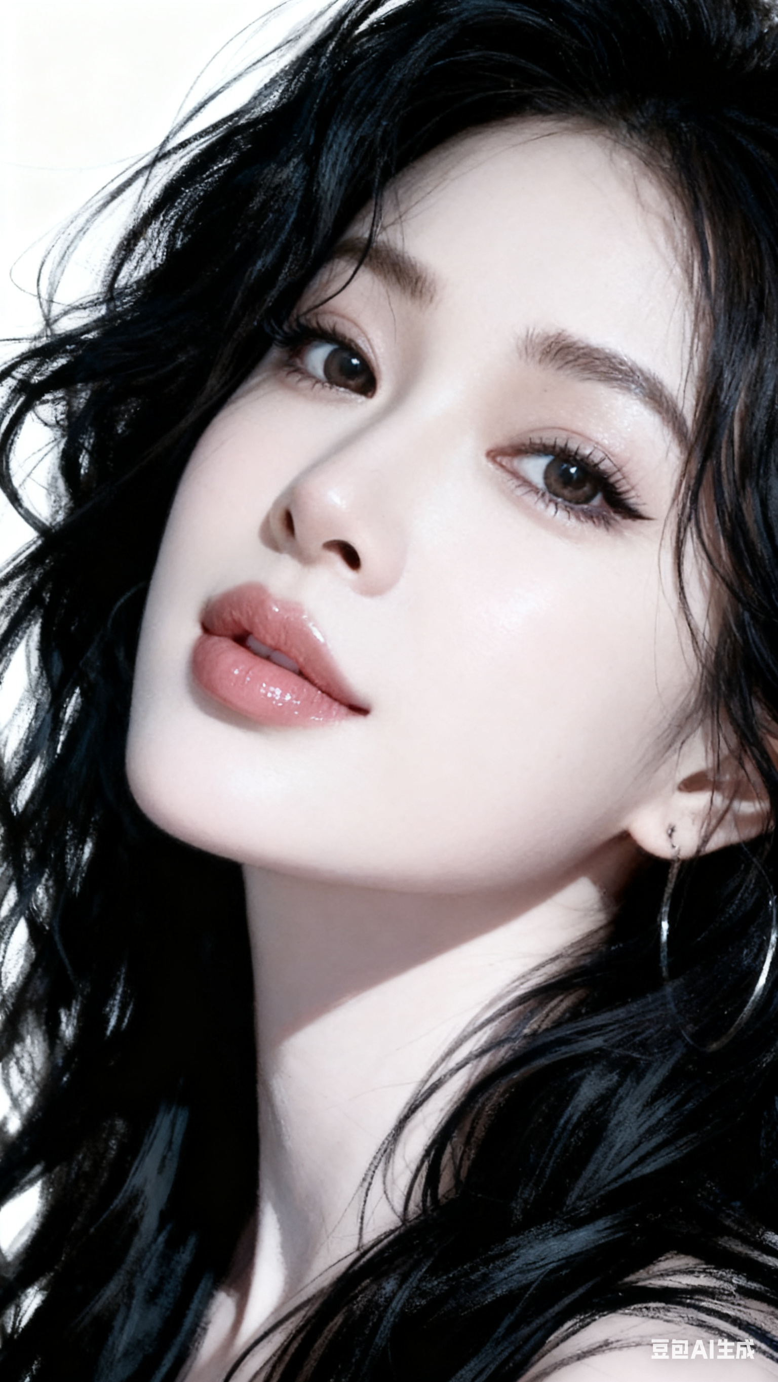 运用真人写真风格,以微距和移轴摄影视角,构建大师级构图的女性头像特写画面,带有大写意和意识流艺术特色。女性为冷白皮,黑色长发微卷蓬松,发丝轻盈飘逸,极致妆容下肌肤细腻透亮,饱满水润的嘴唇在画面中突出,清晰笔触线条勾勒轮廓,强烈明暗对比增强…
