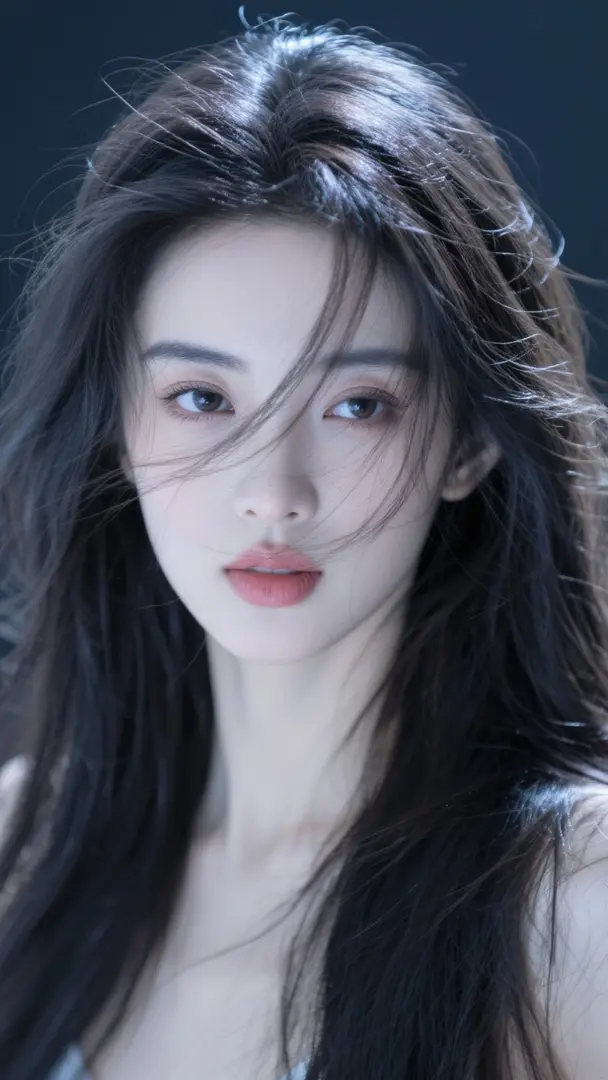 绝色美人,肤白貌美细腻光滑,长发微乱飘逸蓬松,微风拂面,一撸头发挡在以前,格外亮眼,冷艳深沉,高清大图,冷白