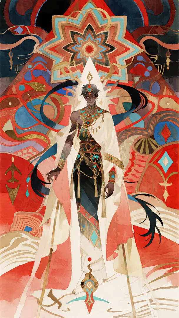 艺术手法:工笔的整体基底,细线条插画,水彩晕染,异端东方美学,清透灵动,神圣怪诞的氛围,超现实主义,奇特视角,近大远小,画面具有明暗对比,色彩对比,疏密对比,复杂的人物突出