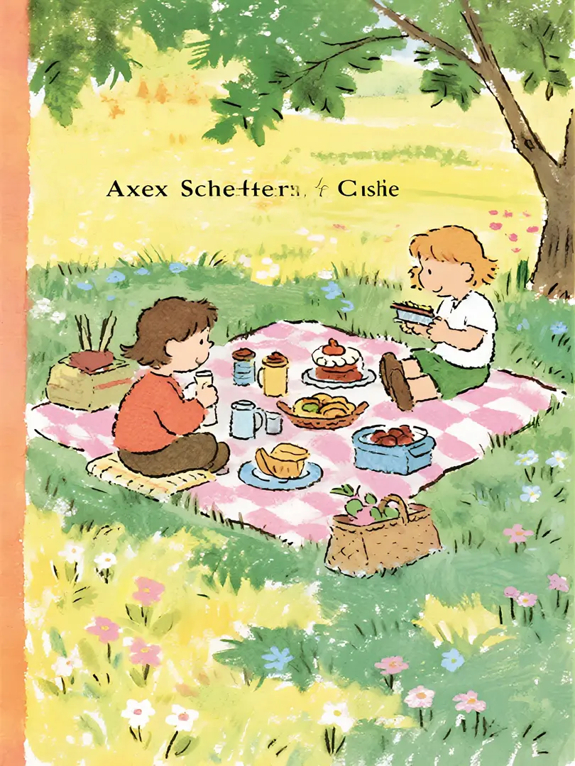 以Axel Scheffler图画书风格与鸟山明手稿韵味相结合,呈现出涂鸦风格的郊外春游场景,以黄绿粉为主色调,具备线稿质感与绘本插画质感,展现大师手笔,描绘夏日野餐场景,画面中光影交错,构图巧妙,充满生机与活力的氛围。