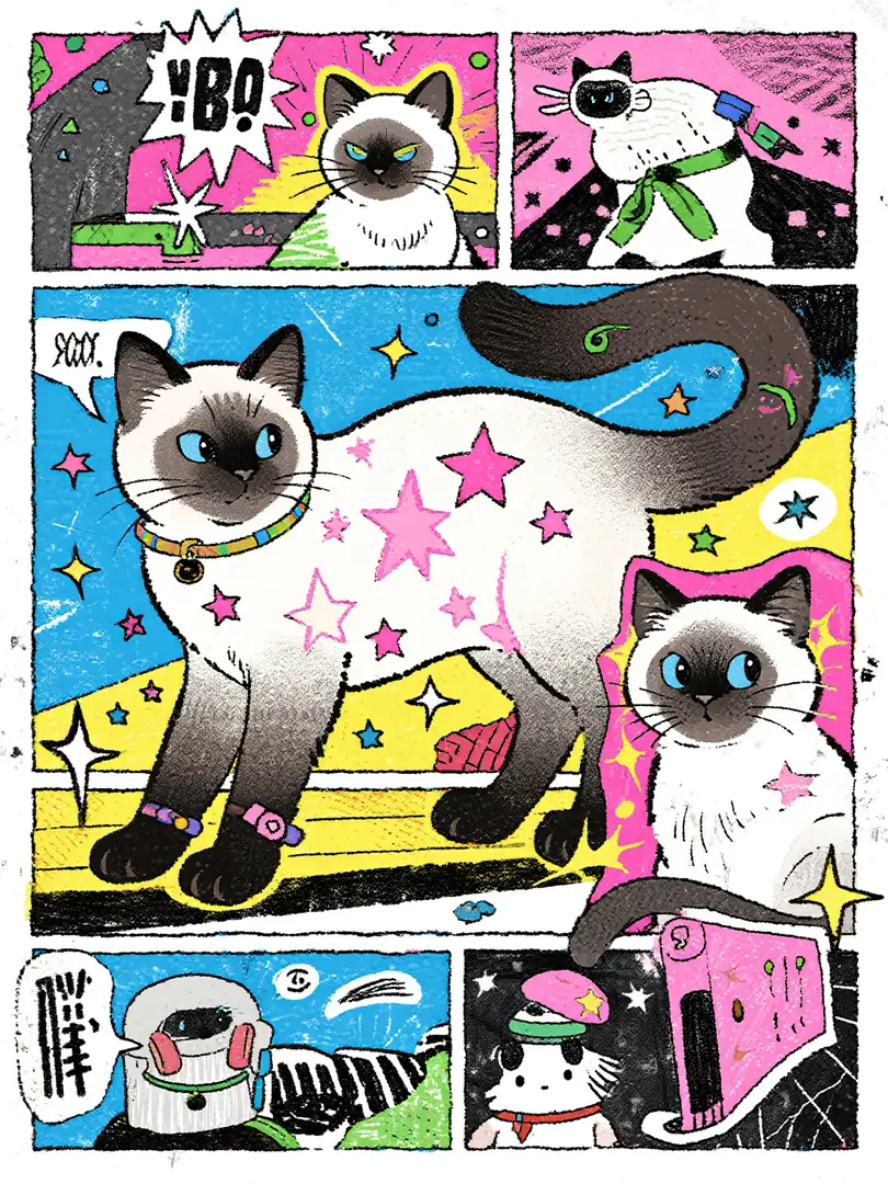 拼贴 描边 做旧画报夸张姿势夸张表情 灵动构图 暹罗猫有粉色星星的卡通形象 高清 潮流 时尚 多巴胺 噪点 极繁主义 各式装饰点缀 漫画略显凌乱的笔触,漫画式分割画面,夸张姿势