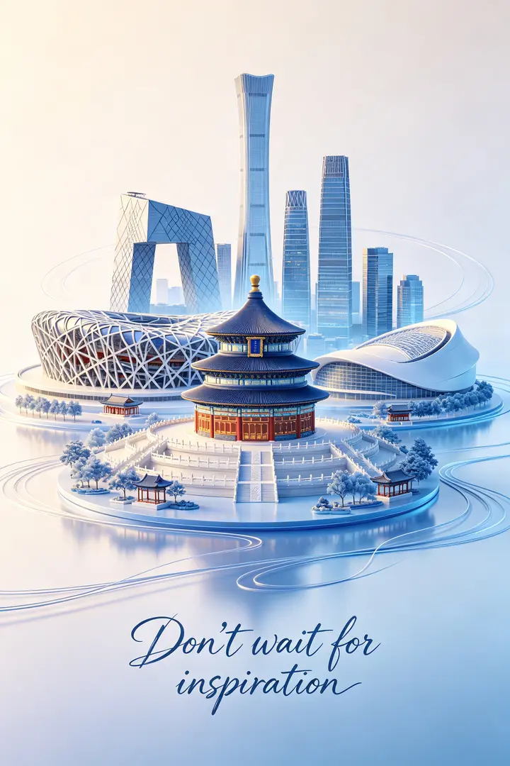 海报风格,矢量插图,透明磨砂玻璃材质,蓝白单色渐变,北京地标建筑群合集,有立体的天坛、立体的北京鸟巢、立体的天安门,、立体的大兴机场、立体的中国尊、立体的国贸楼群、立体的雁西湖国际会议中心,立体的皇家园林,等地标建筑。建筑错落有致的组合居…