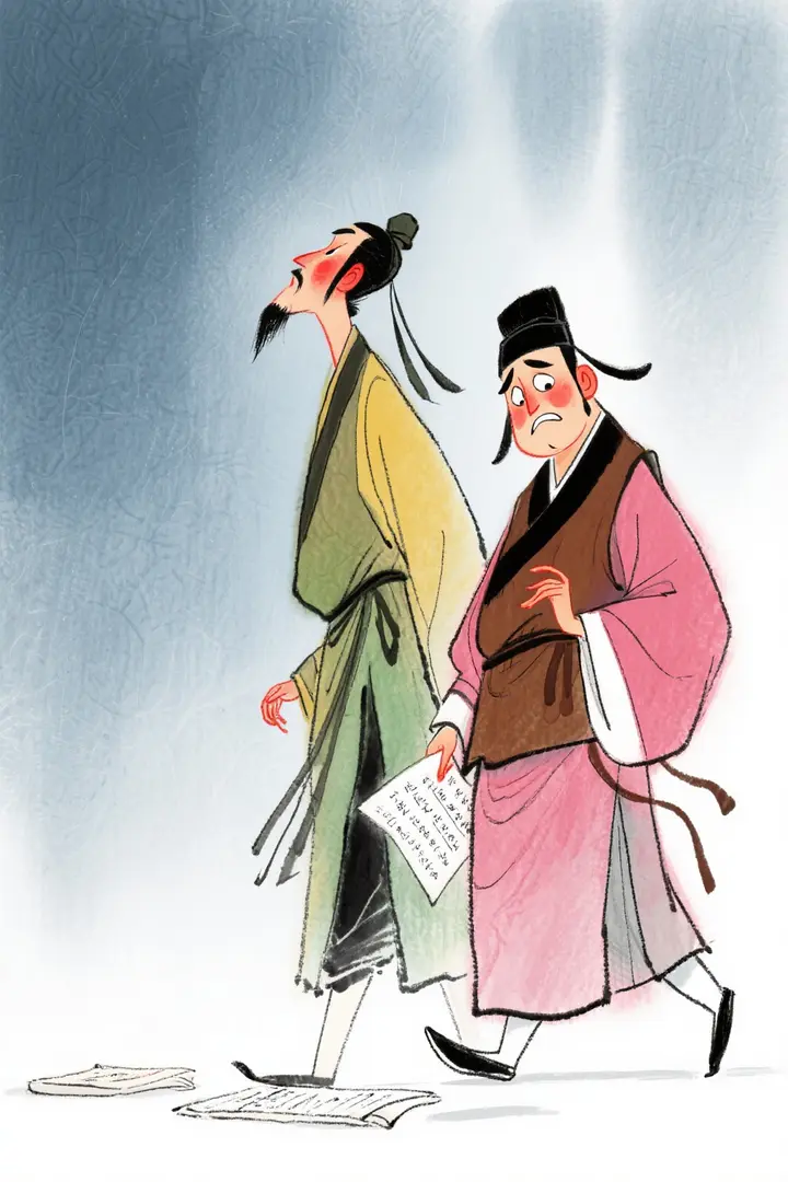 插画风格,高定风,景深,蓝灰色渐变磨砂肌理背景,人物线条婉约扭曲,夸张,幽默,质感,但不失淡定,抬头,低头,转头的各种动作。飘散迷雾边缘朦胧伦勃朗光背景渗入角色,高度创意,红黄绿粉棕渐渗透魔变,京城二举人赶考,瞎捉摸,刁钻写意,故事感,拉…