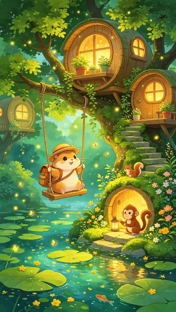 极繁主义,极致表现力,浪漫感,细节完美,大师杰作。森林秘境,几处圆形木屋,色彩森林树屋与萤火虫,温暖灯光,小松鼠,青苔台阶,插画风格,绿色主色调,梦幻光影翠绿色。有一只可爱迷你Q萌小仓鼠戴着小草帽背着旅游包在坐着荡秋千。周围环绕着茂密的绿…