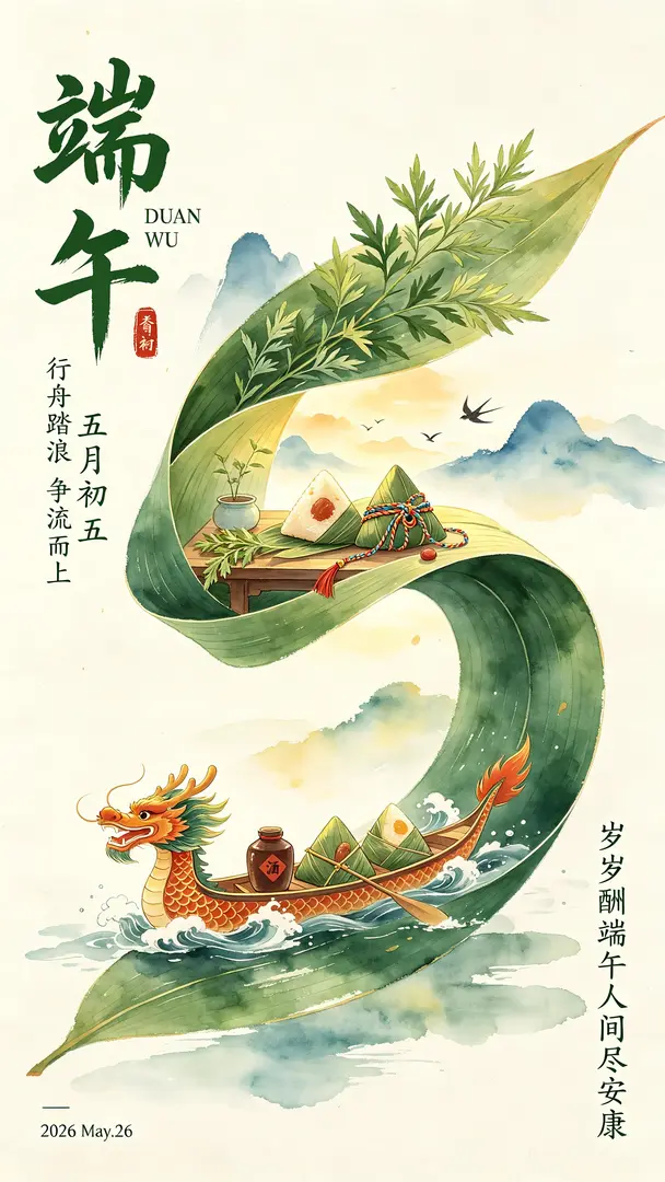 二十四节气端午主题新中式国风水彩水墨商业海报,画面以一条巨型 S 形粽子叶飘逸龙舟为核心视觉,粽子叶上半段是绿色艾草,下半段是翠粽子叶;数字5形状粽子叶内部嵌套双层端午习俗场景,上层是香糯糯粽子,五彩绳、DIY香囊、艾草桌景、远山飞鸟;下…