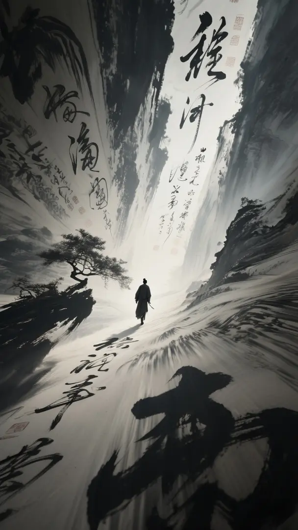 空间布满自上而下的书法和山水国画,墨色小人行走在其中。 中国水墨,低角度。动态模糊强化携带速度线残影,超广角强透视构图,动态模糊边缘虚化,弥散晕染的暗部层次,张力十足,压迫感,细节生动完美。威胁压迫感,极其震撼的一幕,光影彼此交织错杂的梦…