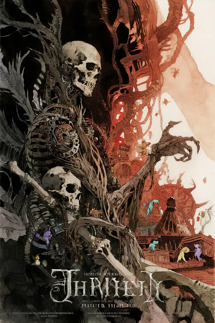 Olivier Ledroit风格,奇幻插画大师,极繁主义巅峰。画面被无数精细到极致的元素填满——缠绕的骨藤、古老的符文、破碎的机械、微小的精灵,全部以磨砂水彩颗粒感呈现。赭红与石炭黑交织,高级灰渗透其间。半透明的神秘结构在黑暗中发光,不…