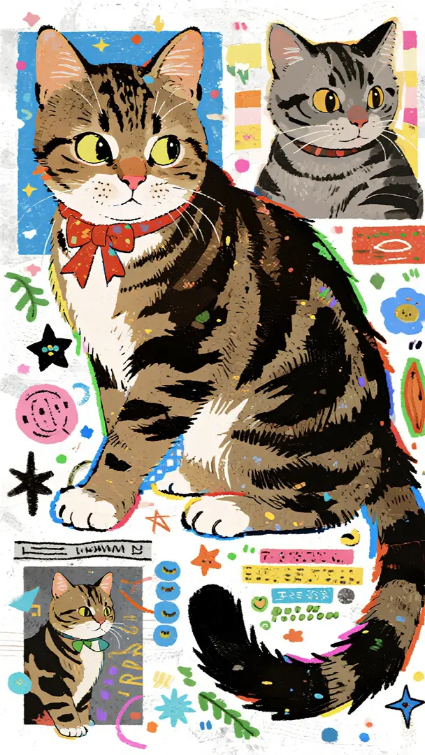 拼贴 描边 做旧画报夸张姿势夸张表情 灵动构图 狸花猫的卡通形象 高清 潮流 时尚 多巴胺 噪点 极繁主义 各式装饰点缀 漫画略显凌乱的笔触,漫画式分割画面,夸张姿势