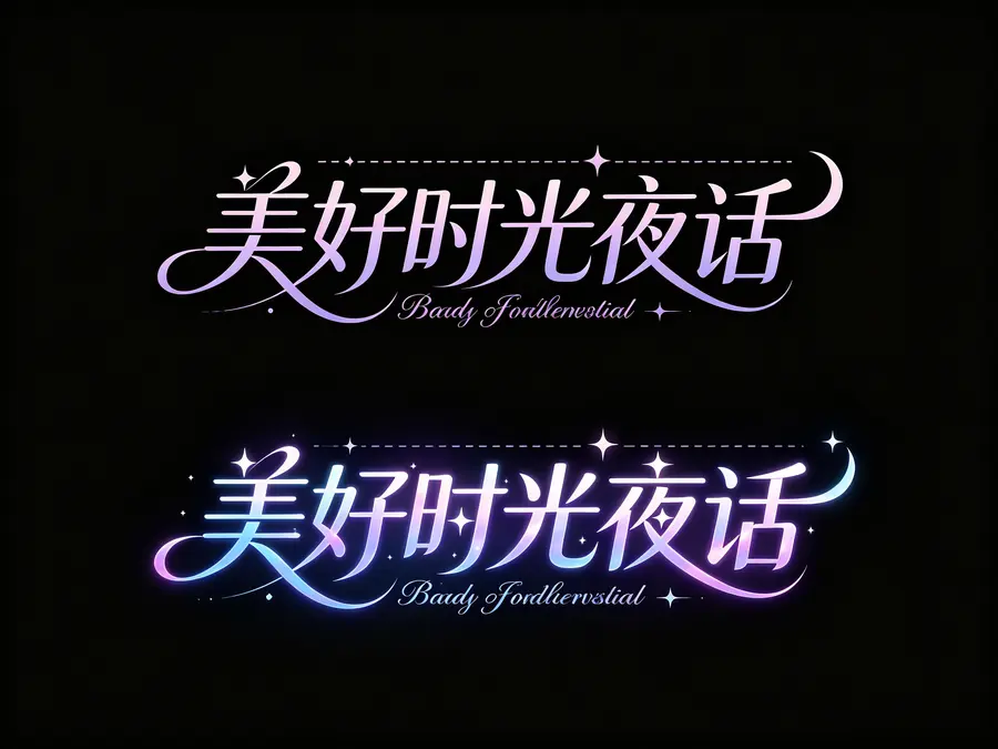 “设计‘仲夏夜之梦’五个汉字 + 英文‘A Midsummer Night's Dream’的艺术字体,定位为空灵治愈风格的标识 / 场景称号:首先构建基础款,采用轻盈柔美的花体字形,笔画融入曲线韵律(如 “仲”“夏” 的笔画做飘逸延伸,…