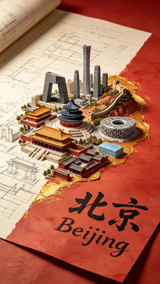 超现实数字艺术,北京城市景观融合微缩模型与厚涂油画质感:3D 微观建模(故宫、天坛、八达岭长城、国贸 CBD、鸟巢、水立方、南锣鼓巷),厚涂油画笔触(厚薄分层塑造立体肌理),俯视图,对角线构图,一半建筑工程图纸线条,一半不规则朱红暖金厚涂…