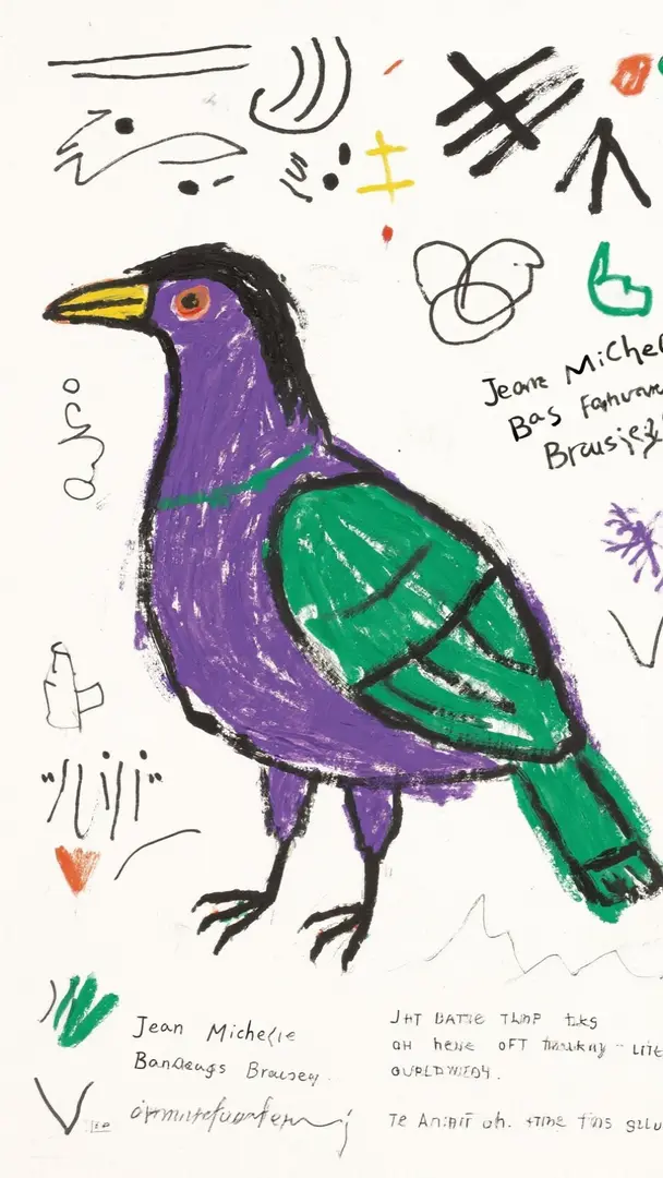 原生艺术风格,粗犷笔触,儿童画般纯真,Jean-Michel Basquiat风格,一只原始风格的鸟类,占据画面的三分之一,剩下部分留白用粗糙的笔触描绘,身体填充紫色和绿色,周围散布着抽象符号和文字片段,画面上下有极细无衬线英文字体