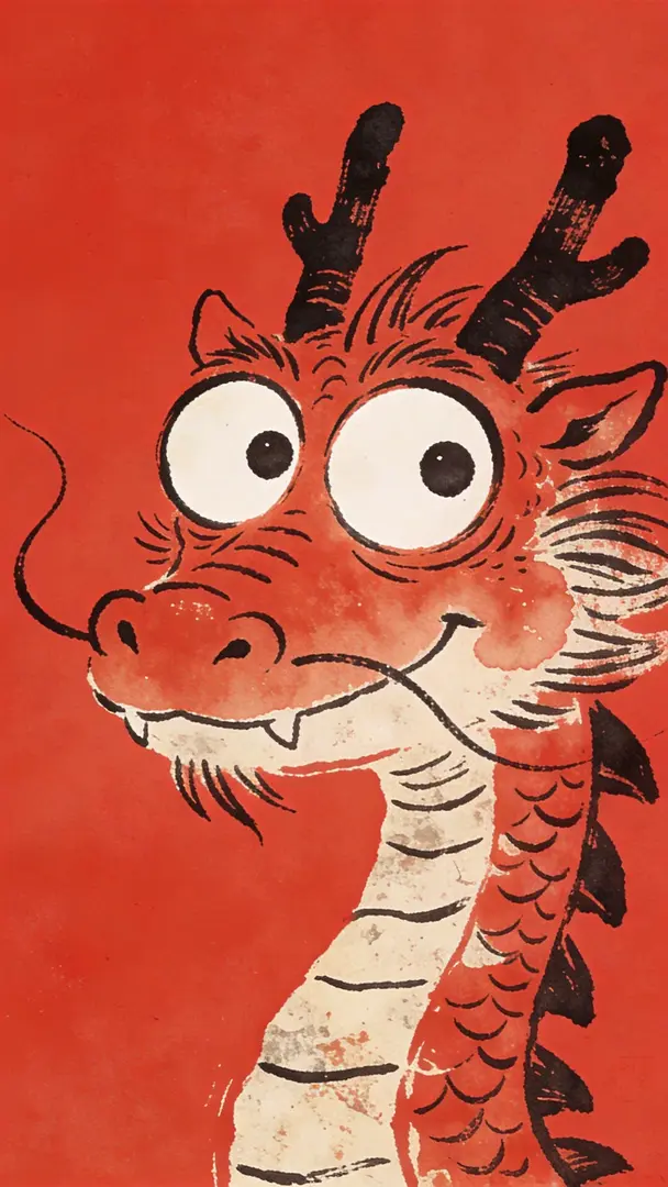 涂鸦,粗略,极简画的是一只呆头龙,大眼睛,鱼眼头,插图是手绘的,杂乱的艺术线条。Q版,诙谐,插画,水彩平铺。,特写,古朴典雅,线条粗犷艺术图形插画,,红色填满画面,简约风格,大胆版画,石刻,双色调,纯色背景