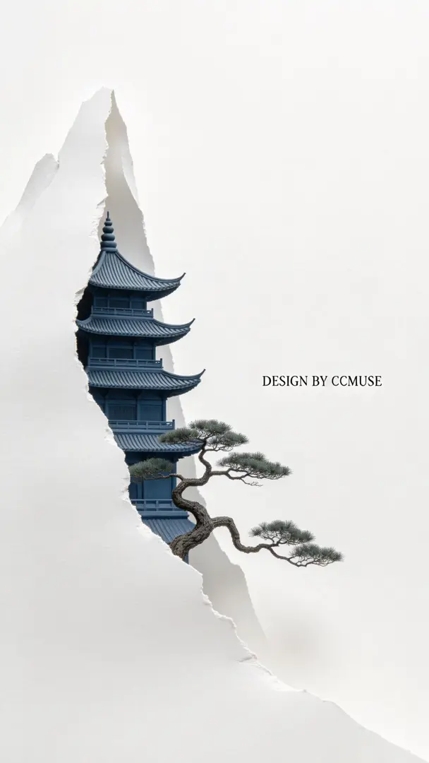 一个超现实主义的极简主义艺术作品,背景是平整的、纯白色的厚艺术纸。画面左侧艺术纸被撕破,撕裂处很不规则,如一座山峰。在撕纸内部,有一个极小极小的微缩景观,一座深灰蓝色的中式古塔局部,展现出精致的屋檐结构,一棵姿态虬曲的松树,树枝穿出纸面。…