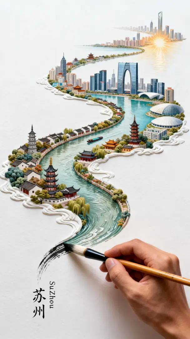 一支正在绘画的毛笔,描摹出一条由左下到右上的笔迹曲线,笔迹里是微观的中国苏州地标性景观,京杭大运河河流两岸烟波浩渺,从苏州虎丘、拙政园、狮子林、北寺塔到苏州之门、经贸大厦、金鸡湖、太湖、艺术中心等园区CBD,湖与阳光洒满城市的澎湃感,画面…