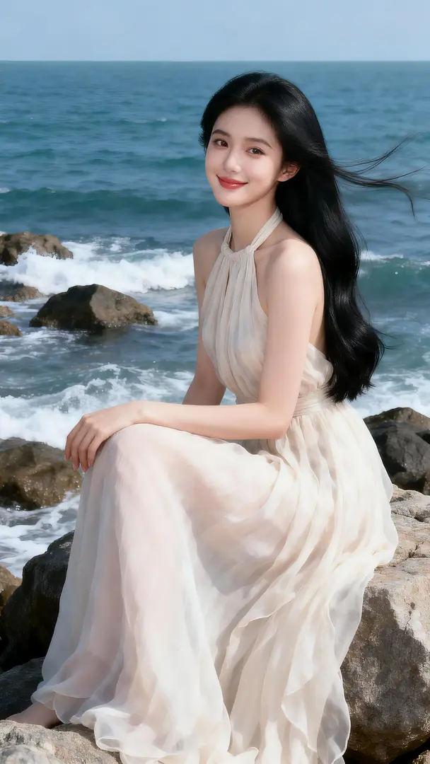 高颜值千金系公主气质美女,冷白皮,娇羞浅笑,气质风格少女系,氛围慵懒,20岁左右,清纯年轻,瓜子脸,冷白皮气质美女,纯欲风,黑色柔顺及腰长发,头包脸,高级,故事性 ,千金贵气感,明艳动人,自信从容,气质温柔,高级惊艳妆造,氛围感,身着浅色…
