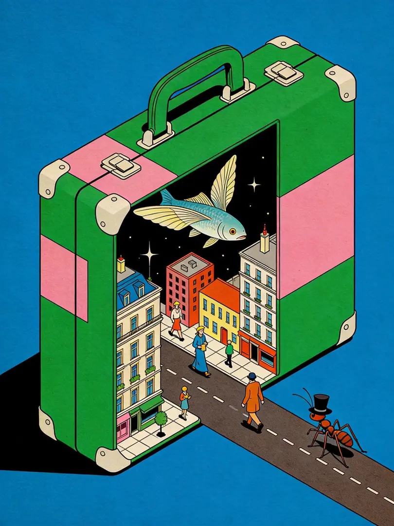 Erika Zolli × Amose 风格融合,矢量插画。一个巨大的打开的手提箱占据画面中央,箱内是一个微型城市。几个荒诞的象征性角色(如长着翅膀的鱼、戴着礼帽的蚂蚁)在城市街道上行走。手提箱本身采用高饱和度的绿色和粉色块,与克莱因蓝色…