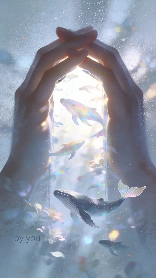 [浅灰蓝磨砂玻璃背景]，交叠的手部轮廓与开口处倾泻的阳光形成框景，框内摇曳的许多五彩鲸鱼在光流中舒展，磨砂玻璃的颗粒感模糊了手部边缘，鲸鱼的柔滑鱼翅却在光影中显露出细腻纹路，营造冷峻疏离与梦幻超现实交织的整体氛围，斑驳光影在玻璃与花瓣间折…