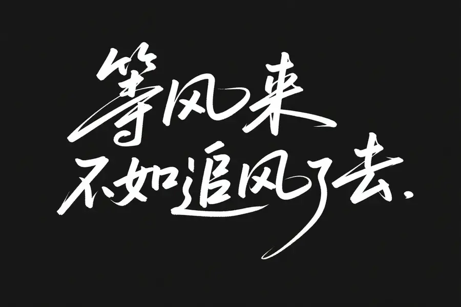 行楷艺术字体书写:等风来不如追风去。文艺气息,连笔设计,黑色背景,白色文字。