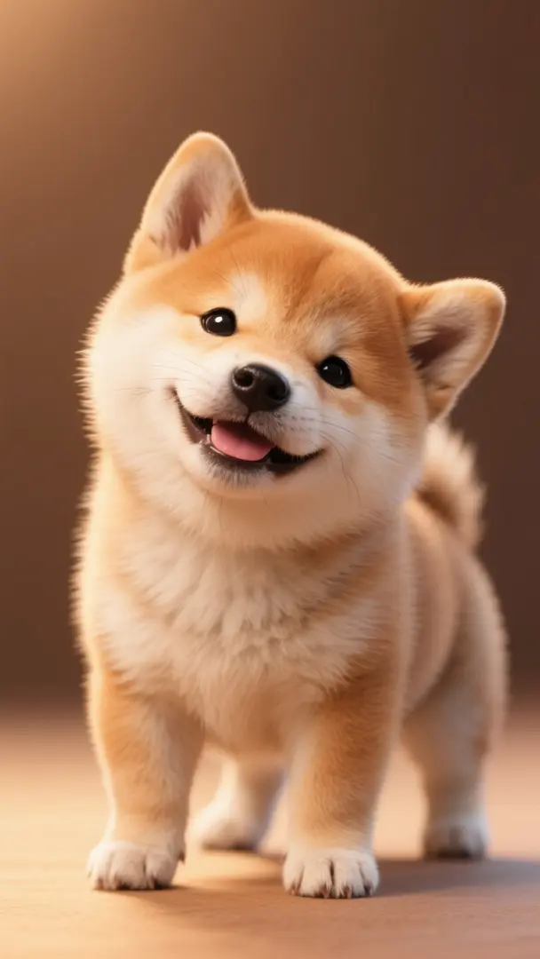 一只可爱的柴犬宝宝,大胖脸,小身子,四足站立姿势,头歪着,嘴角微笑