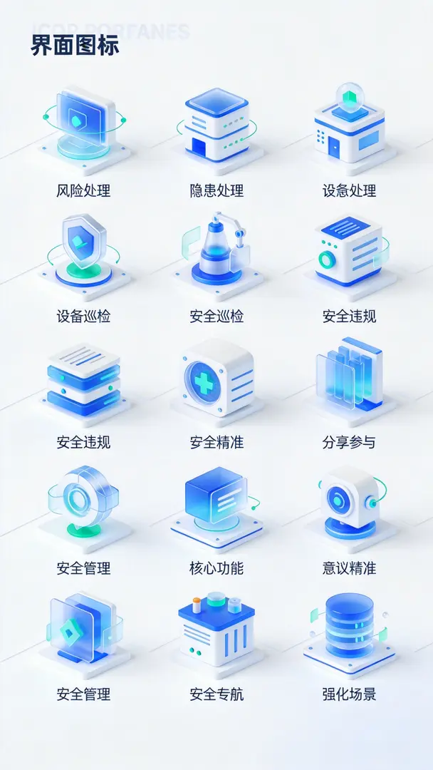 风格:清新科技的图标风格,扁平化,多细节,高质量,采用蓝白配色(带一点绿)低饱和度的色调,元素具有通透的渐变层次与立体质感,科技数字化管理场景。 元素细节与布局: 图标集合:共9个图标,9宫格排列,每个图标造型简约科技感且紧扣安全管理场景…