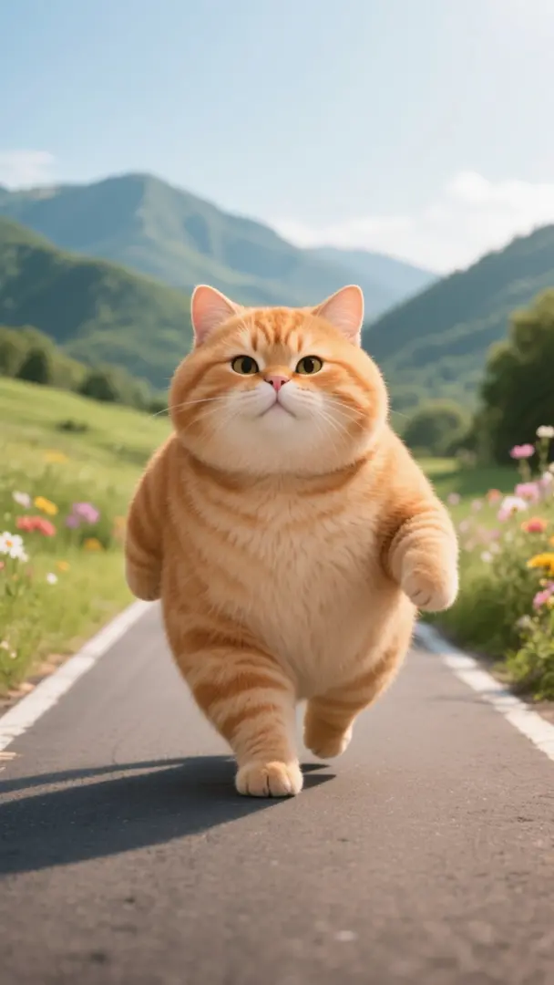 拟人写实风格,一只胖橘猫,正走在一条风景优美宽敞的路上,两旁是鲜花绿草,远处山峦起伏,胖橘猫表情呆萌,头圆圆,表情很逍遥自在的样子,电影级画质,超高清细节,暖色调,毛发质感细腻,治愈萌系氛围。