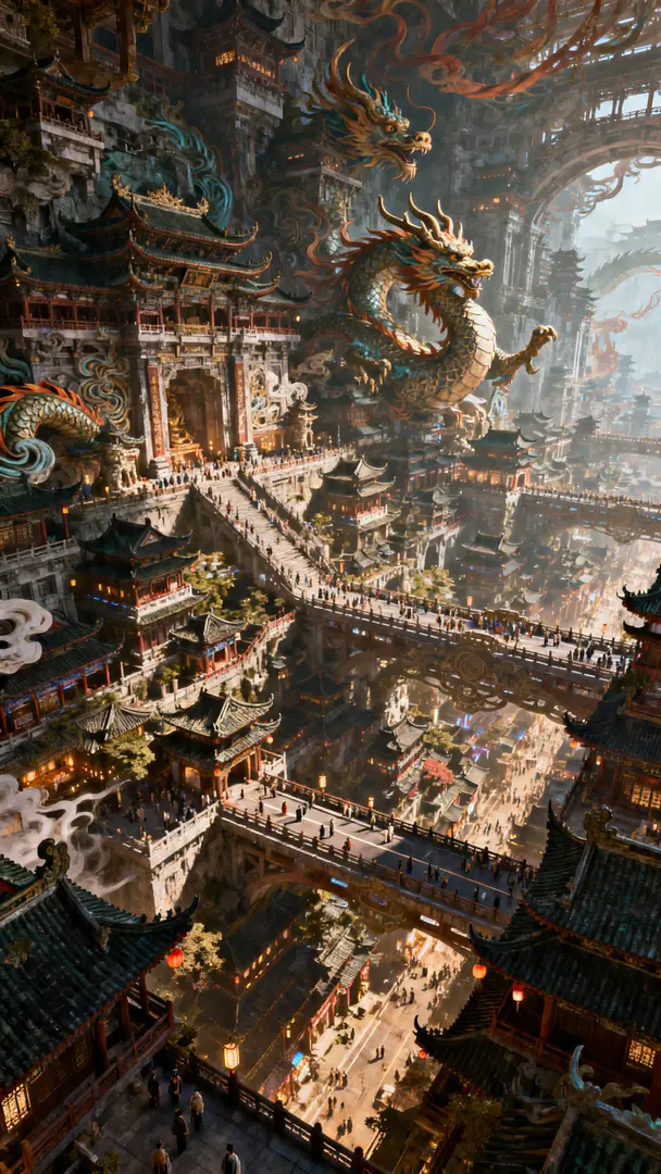 极繁主义杰作,拥有完美细节的3D建模庞大繁华的超级古代城市,古风建筑极具神秘感,每一处细节精雕细琢、尽显国风古建韵味。明暗对比强烈,光影交织间尽显独特魅力。采用高空俯视视角,超广镜头拍摄,彰显整个城市的宏大和繁华,阡陌交通,鳞次栉比,层层…